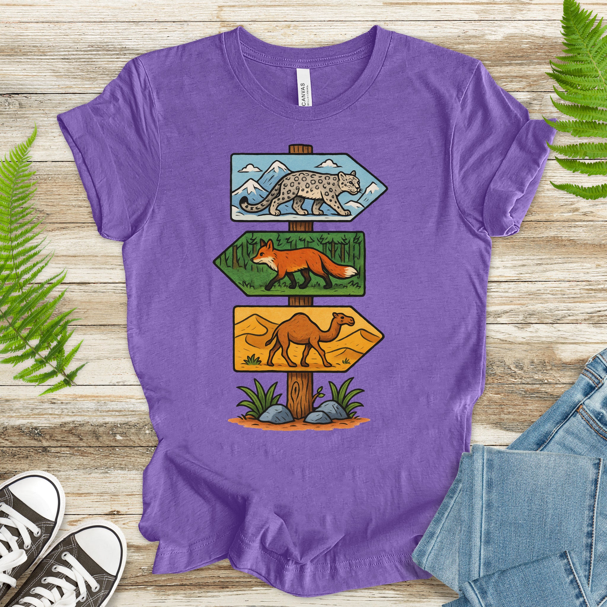 Wildlife Direction Sign T-Shirt – Snow Leopard, Fox & Camel Adventure Tee