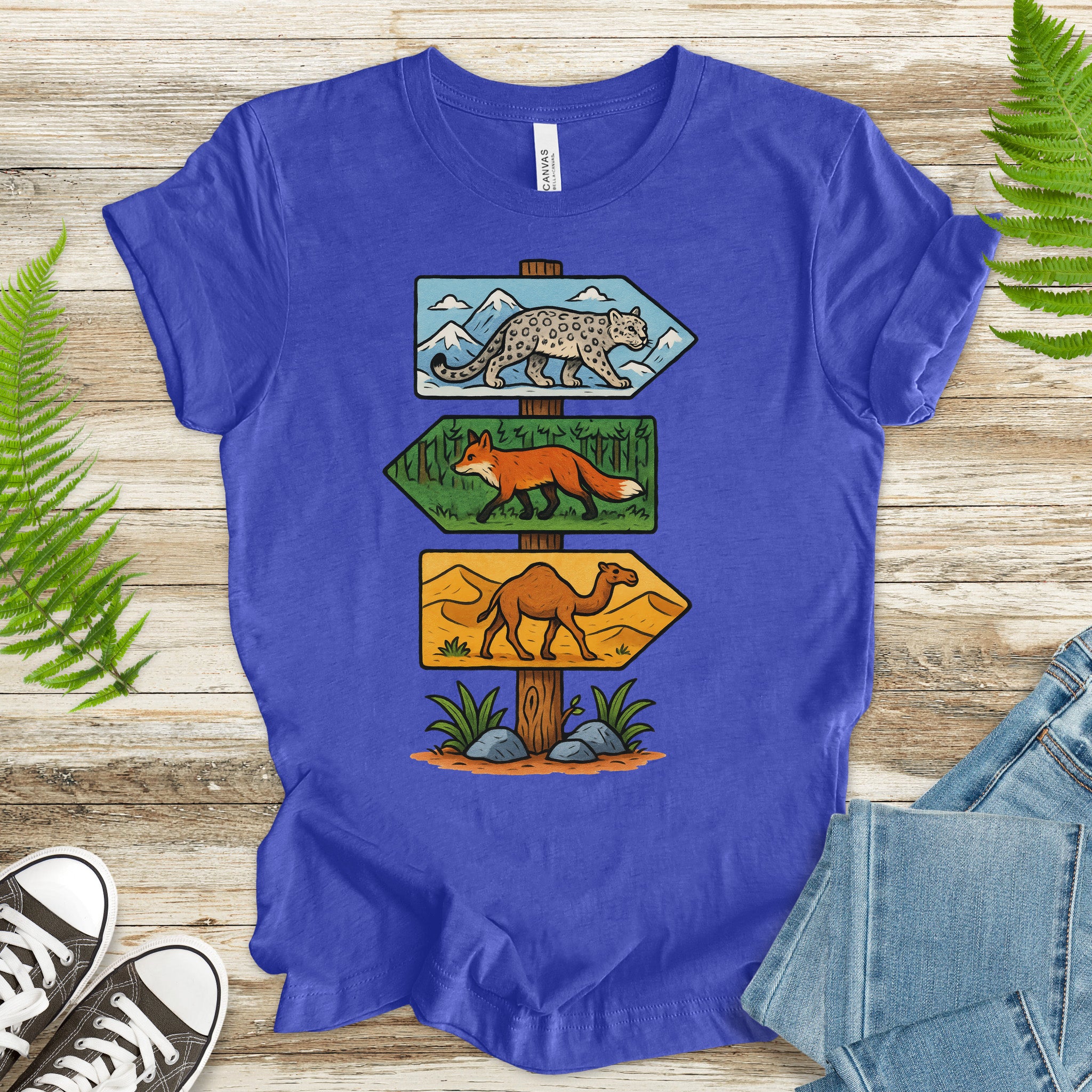 Wildlife Direction Sign T-Shirt – Snow Leopard, Fox & Camel Adventure Tee