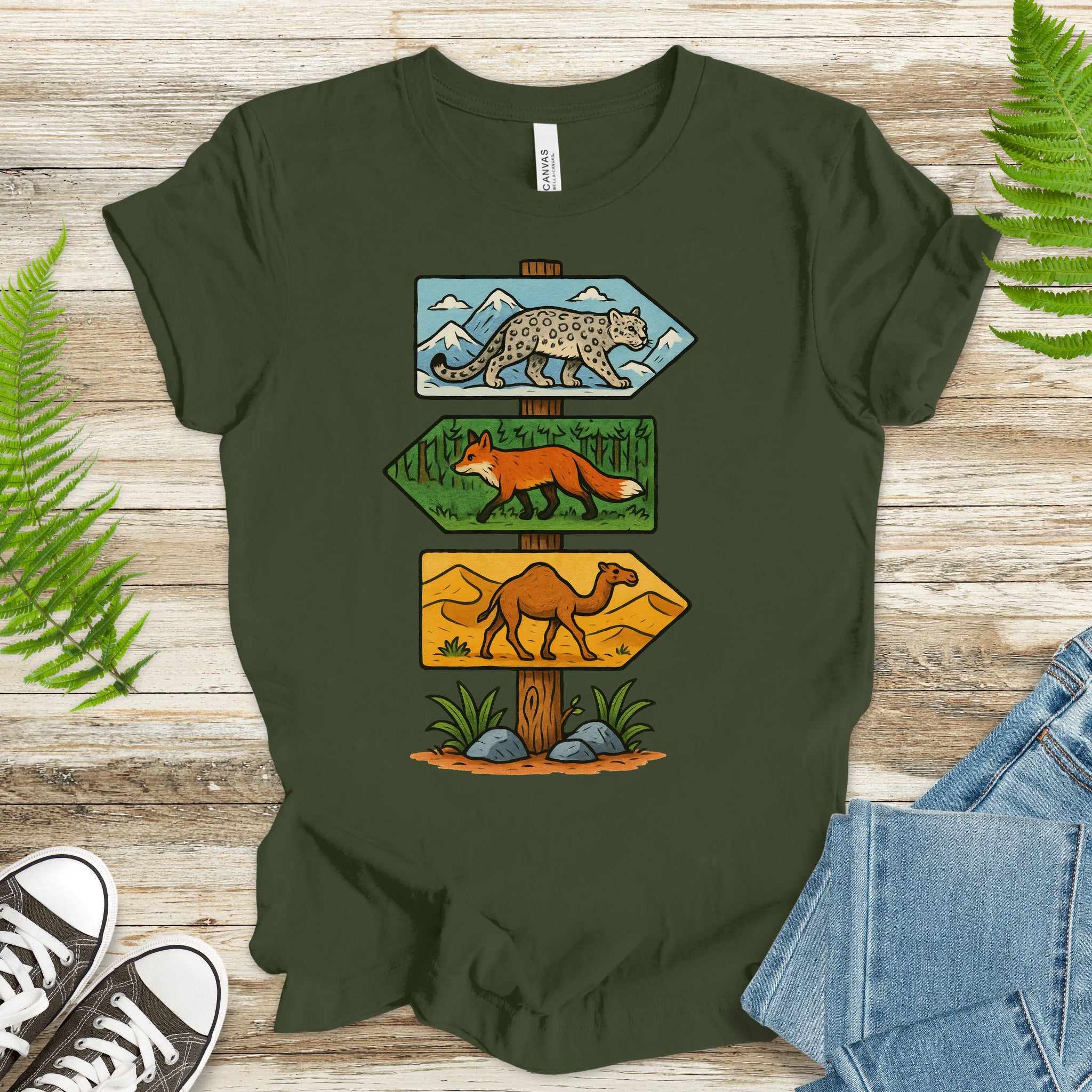 Wildlife Direction Sign T-Shirt – Snow Leopard, Fox & Camel Adventure Tee