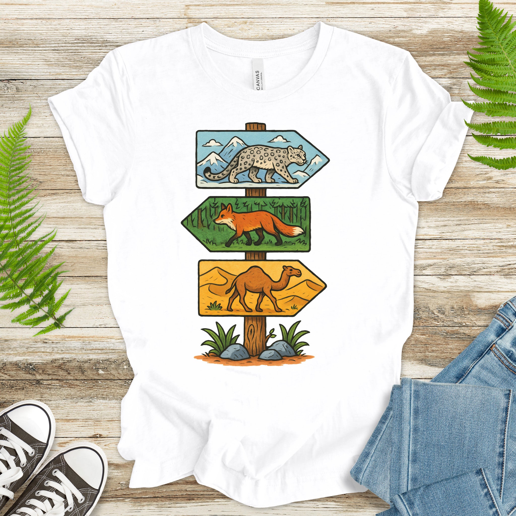 Wildlife Direction Sign T-Shirt – Snow Leopard, Fox & Camel Adventure Tee