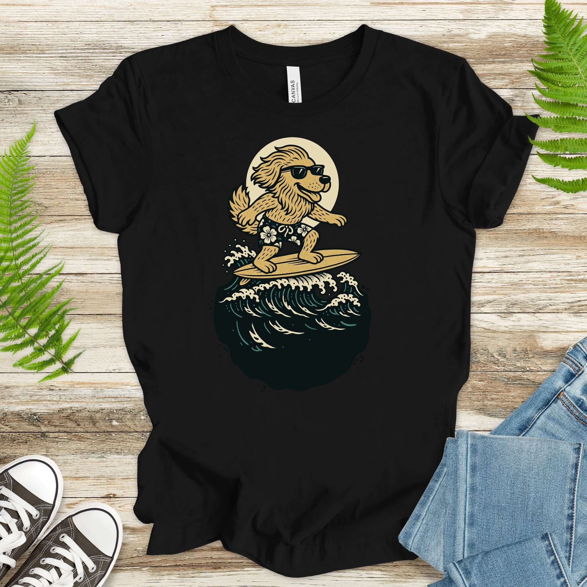 Funny t-shirt featuring a cool dog surfing in sunglasses, perfect for fantasy lovers and animal enthusiasts.