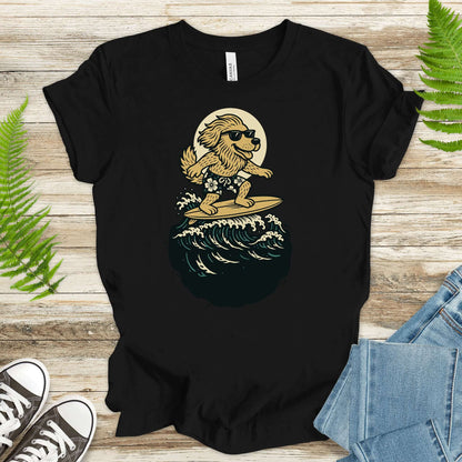 Funny t-shirt featuring a cool dog surfing in sunglasses, perfect for fantasy lovers and animal enthusiasts.