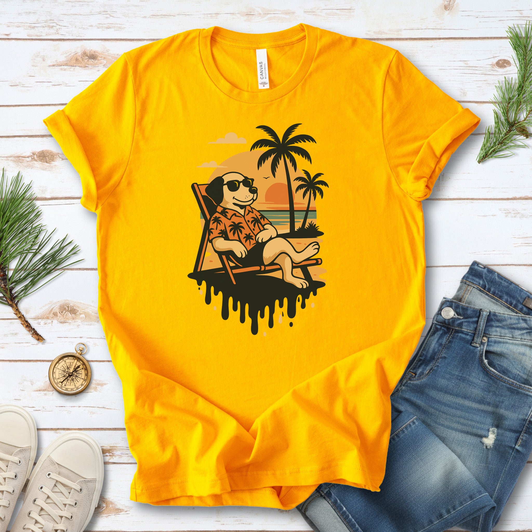 Vacation Dog Sunset T-Shirt – Funny Retro Beach Vibes Tee