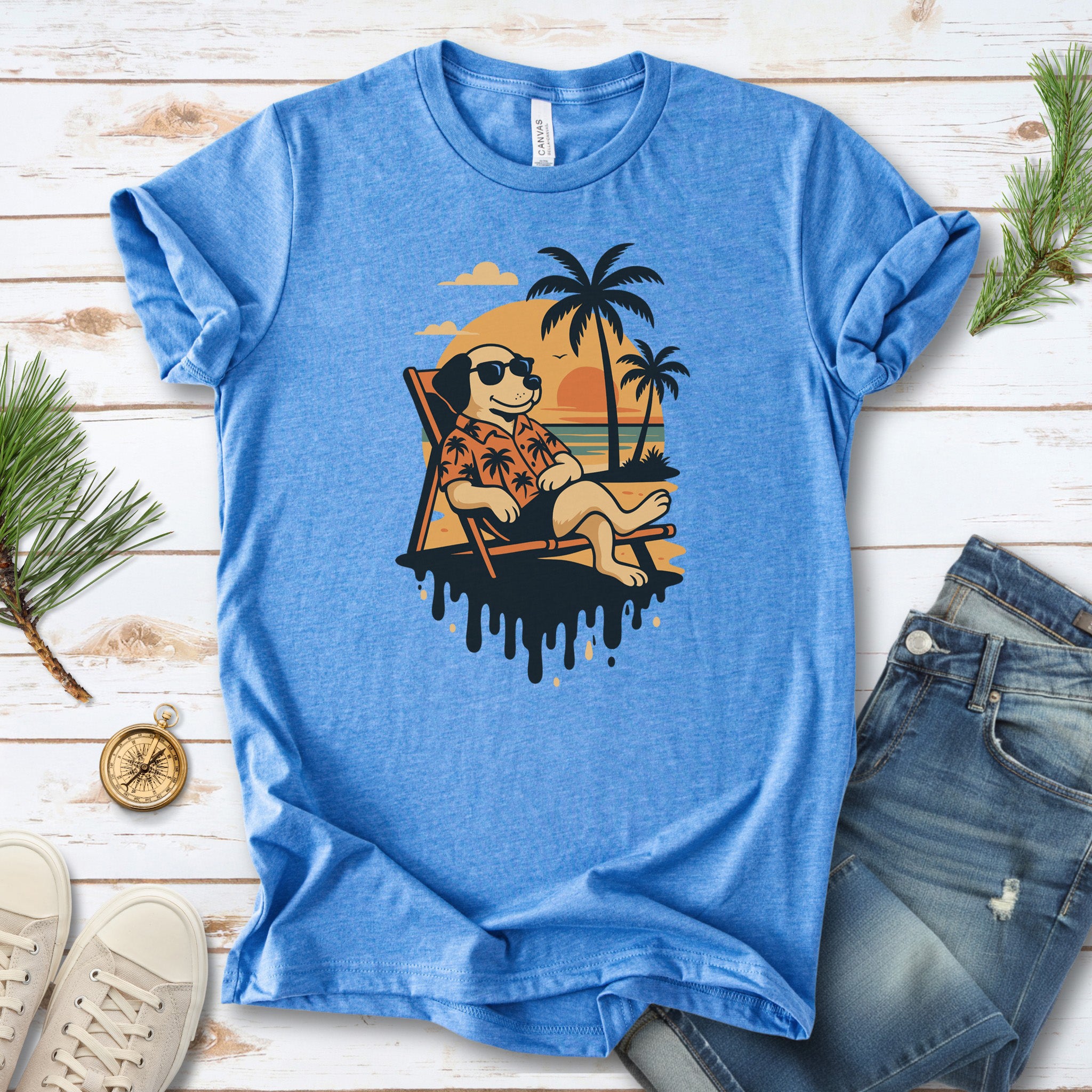 Vacation Dog Sunset T-Shirt – Funny Retro Beach Vibes Tee