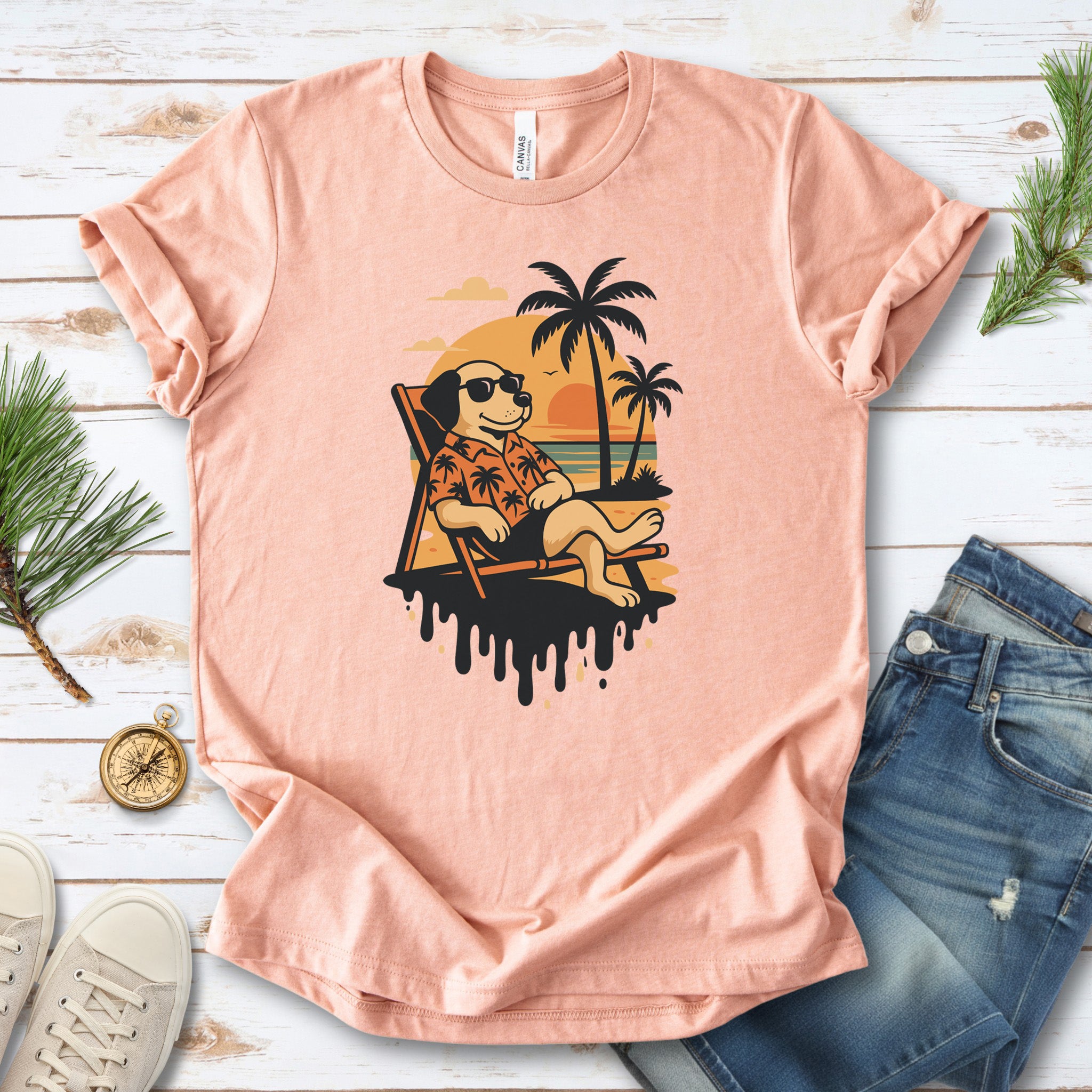 Vacation Dog Sunset T-Shirt – Funny Retro Beach Vibes Tee