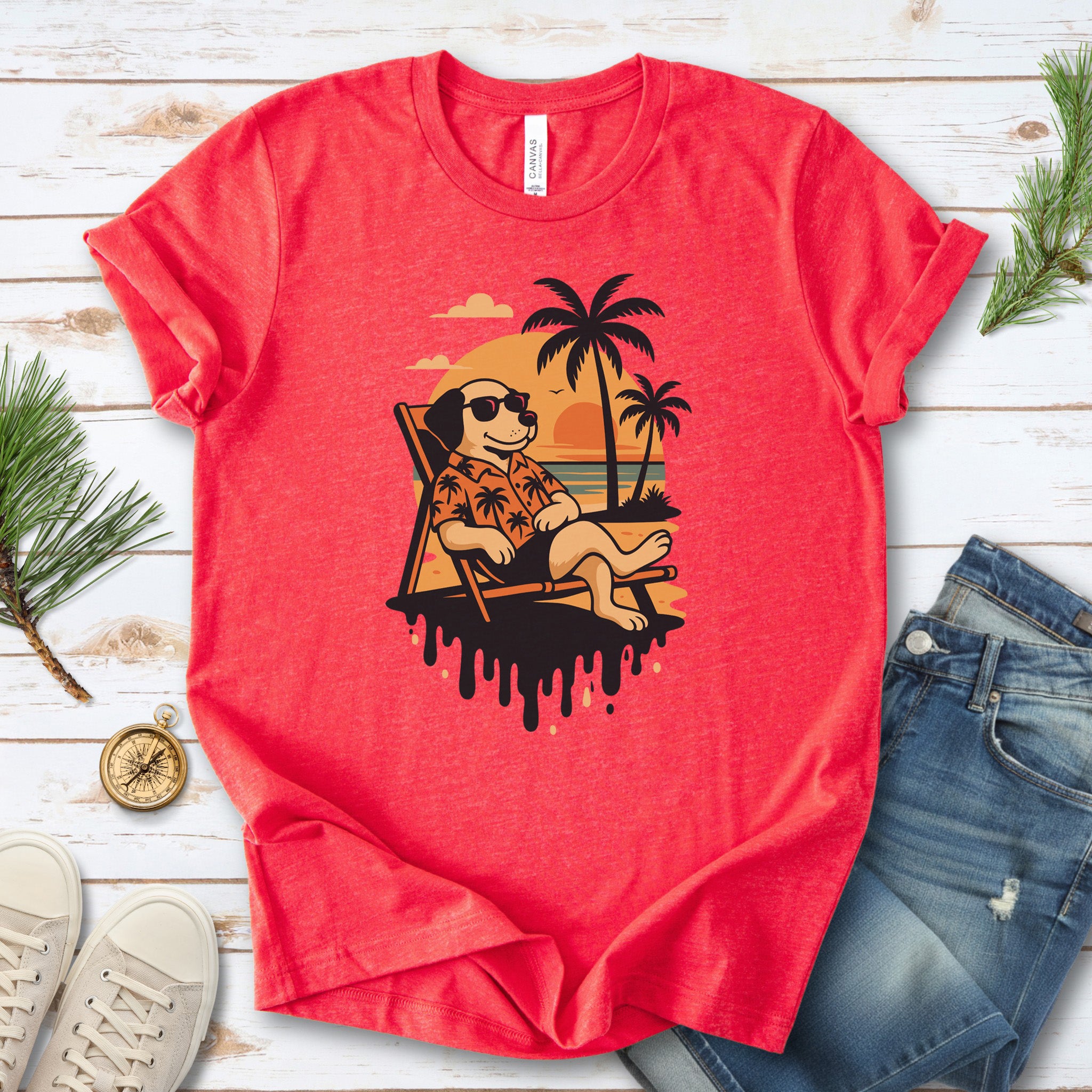 Vacation Dog Sunset T-Shirt – Funny Retro Beach Vibes Tee