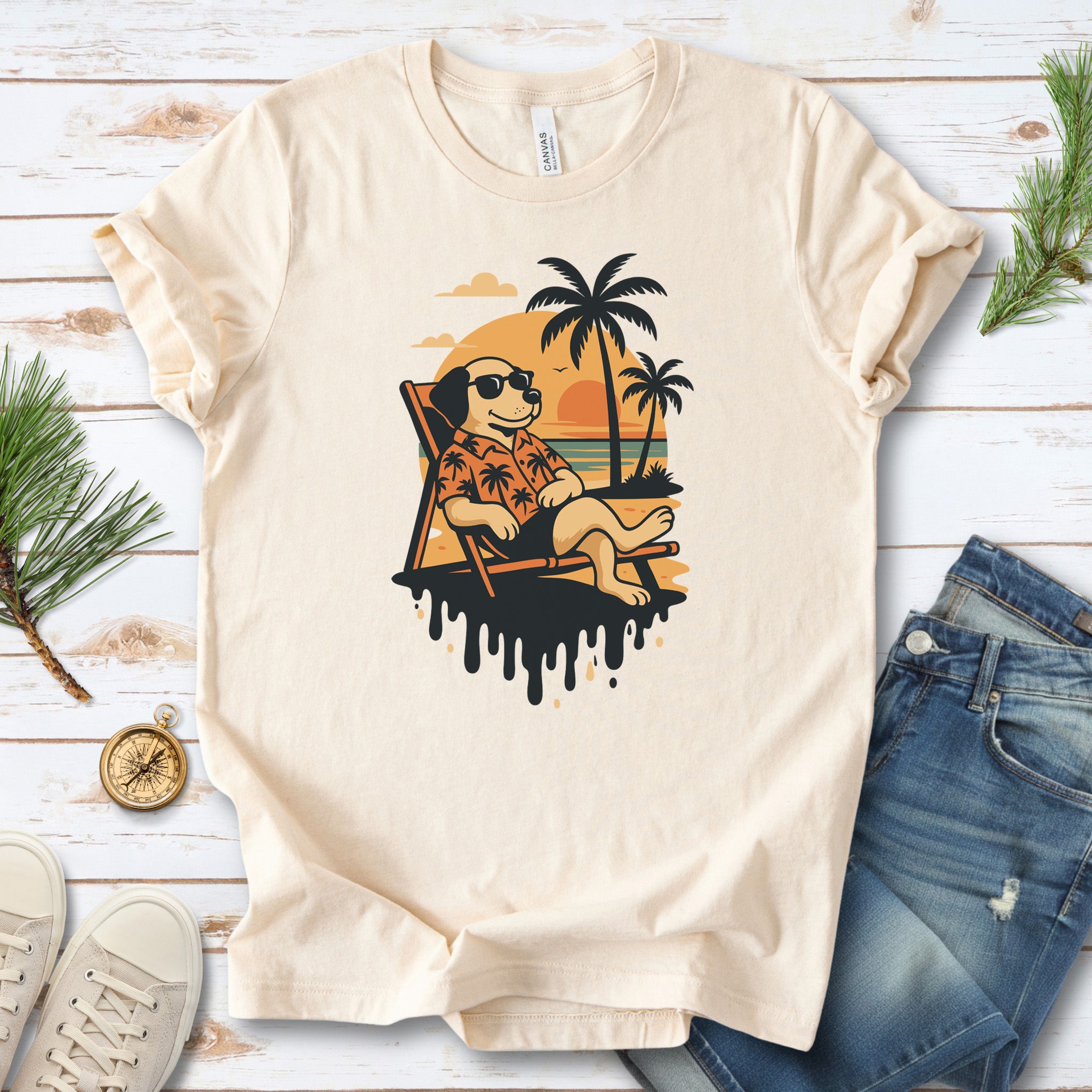 Vacation Dog Sunset T-Shirt – Funny Retro Beach Vibes Tee