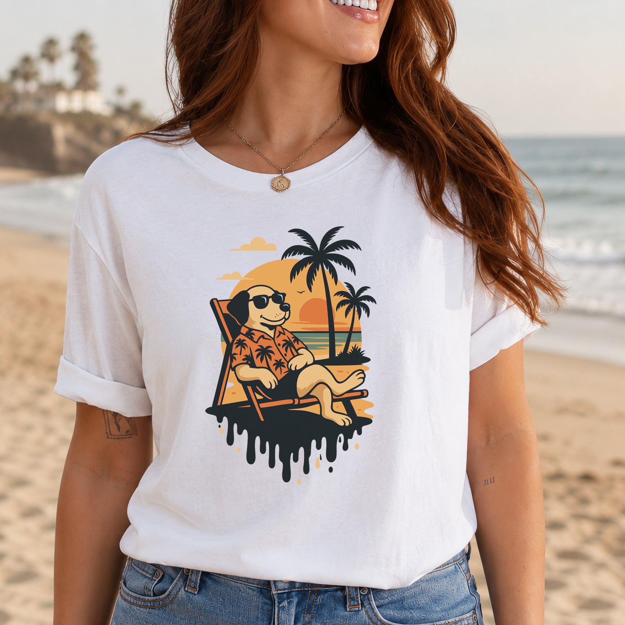 Vacation Dog Sunset T-Shirt – Funny Retro Beach Vibes Tee