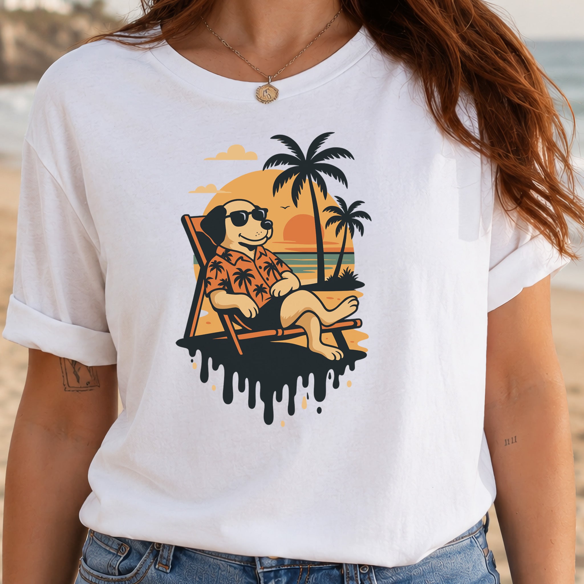 Vacation Dog Sunset T-Shirt – Funny Retro Beach Vibes Tee