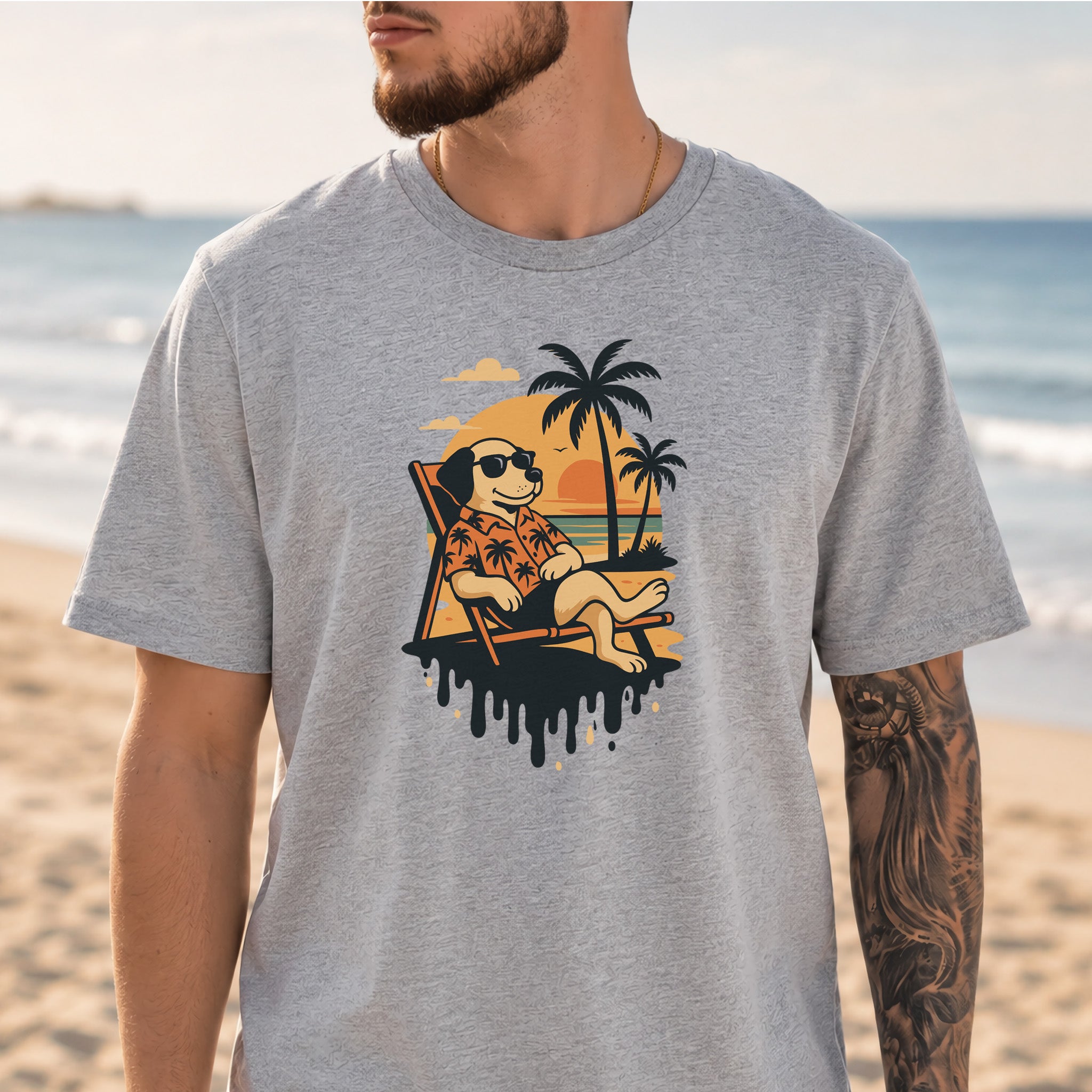 Vacation Dog Sunset T-Shirt – Funny Retro Beach Vibes Tee
