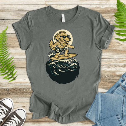 Surfing dog in shades t-shirt, perfect for fantasy lovers and animal enthusiasts, featuring a cool dog on a surfboard.