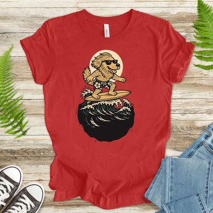 Surfing dog in shades t-shirt, perfect for fantasy lovers and animal enthusiasts.