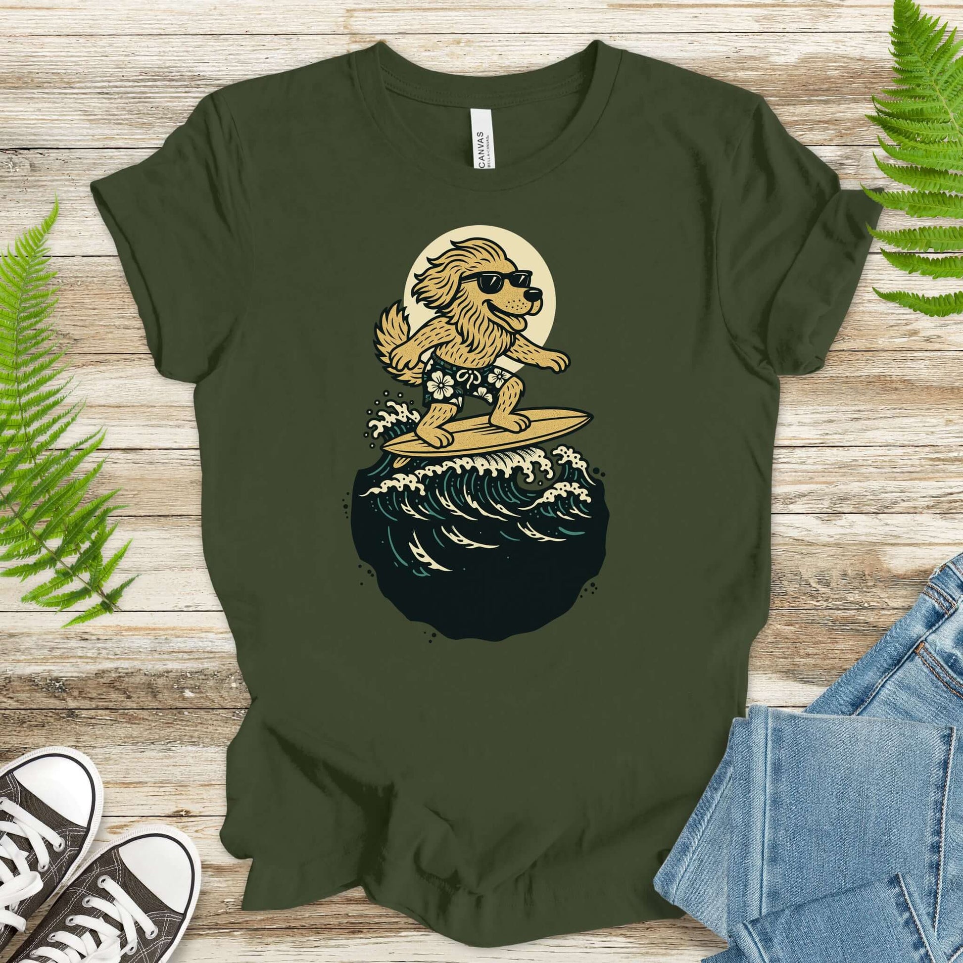 Surfing dog t-shirt featuring a cool dog in shades riding waves, perfect for fantasy lovers and animal enthusiasts.