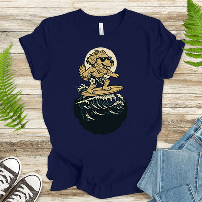 Navy t-shirt featuring a cool dog surfing with sunglasses, perfect for animal lovers and surfers.