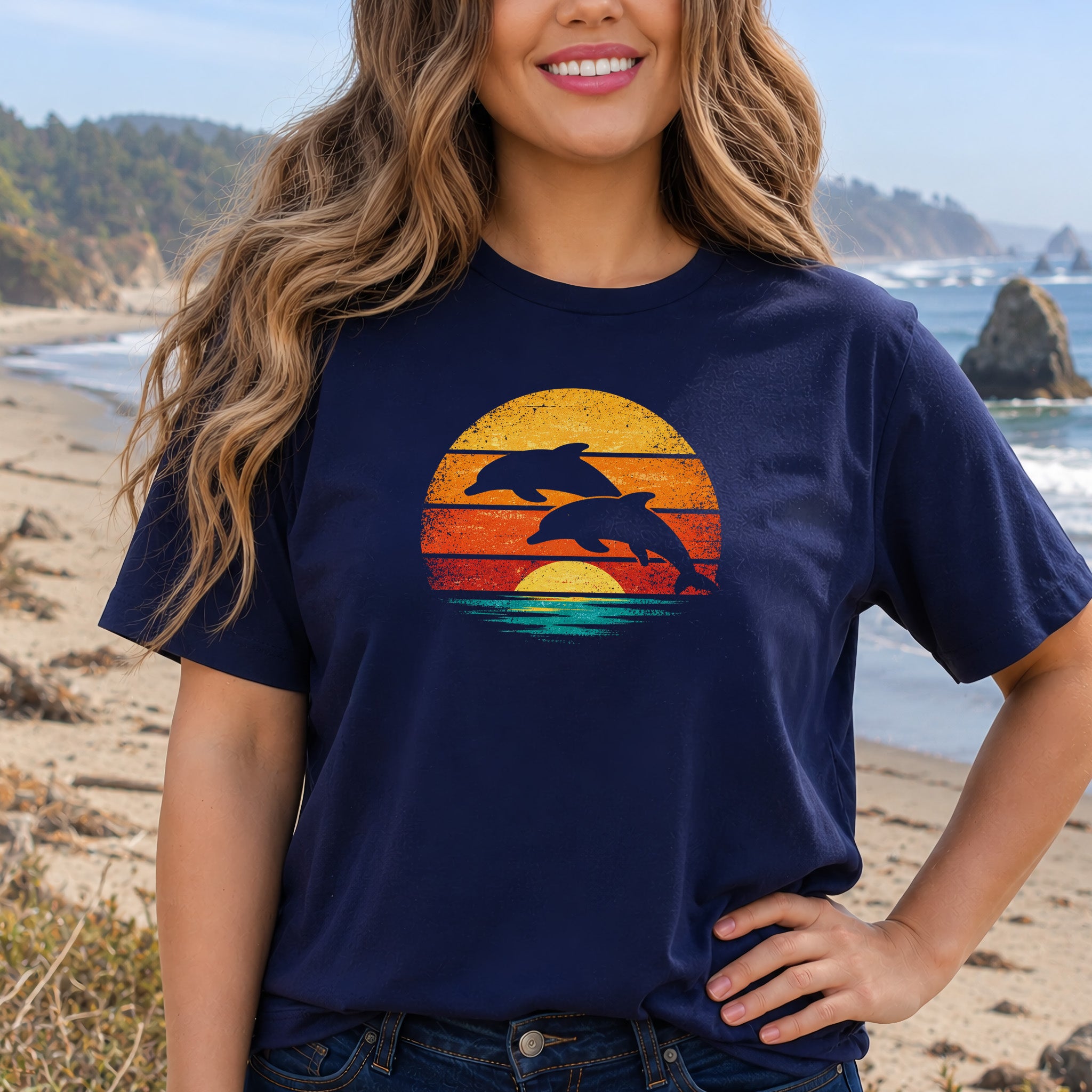 Dolphins at Vintage Sunset Retro Ocean T-Shirt