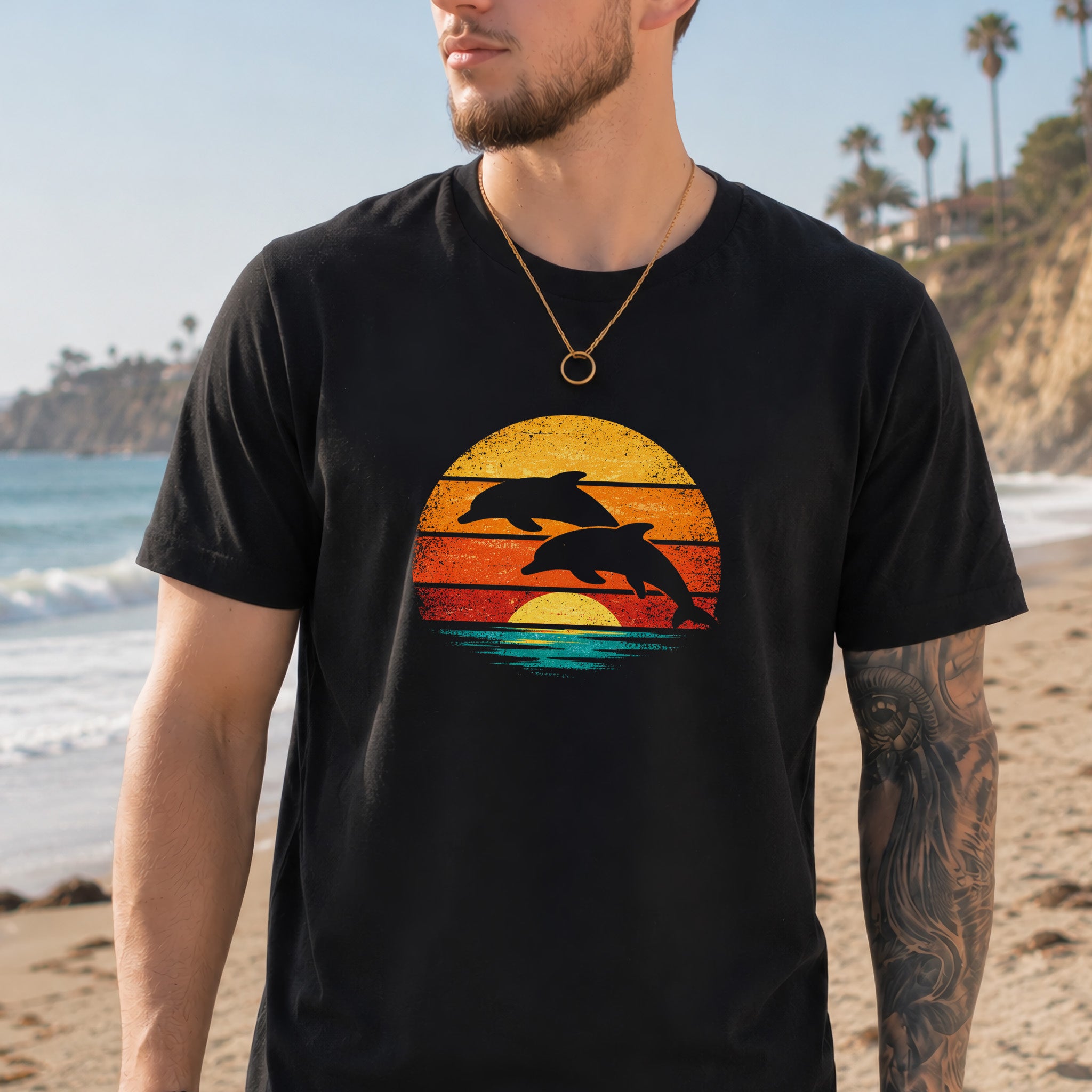 Dolphins at Vintage Sunset Retro Ocean T-Shirt