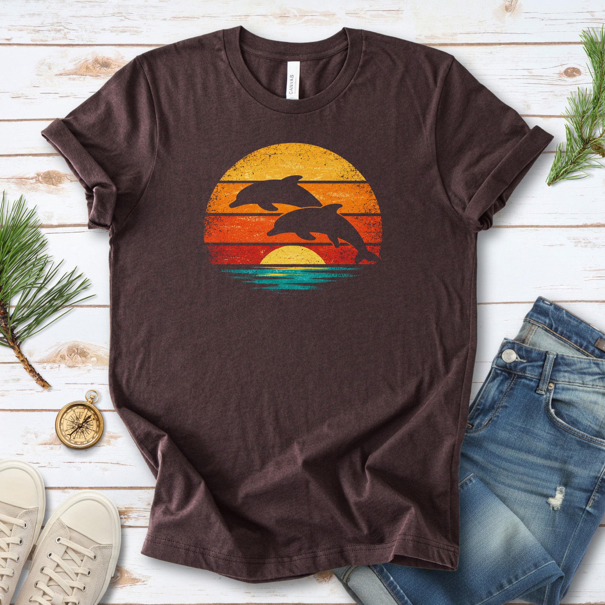 Dolphins at Vintage Sunset Retro Ocean T-Shirt