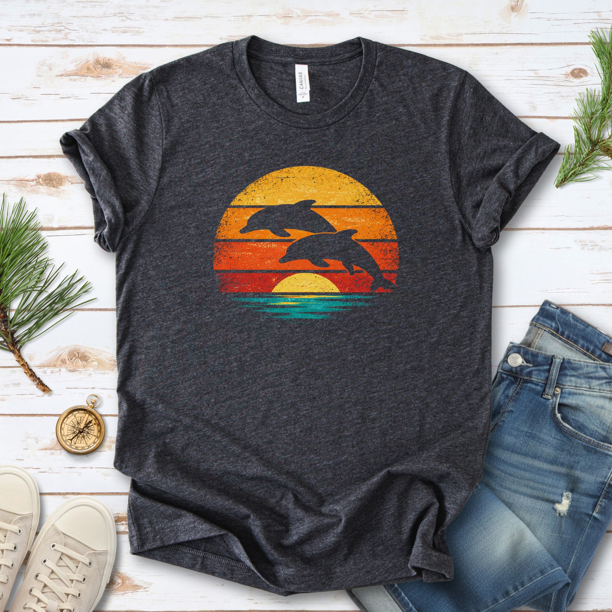Dolphins at Vintage Sunset Retro Ocean T-Shirt
