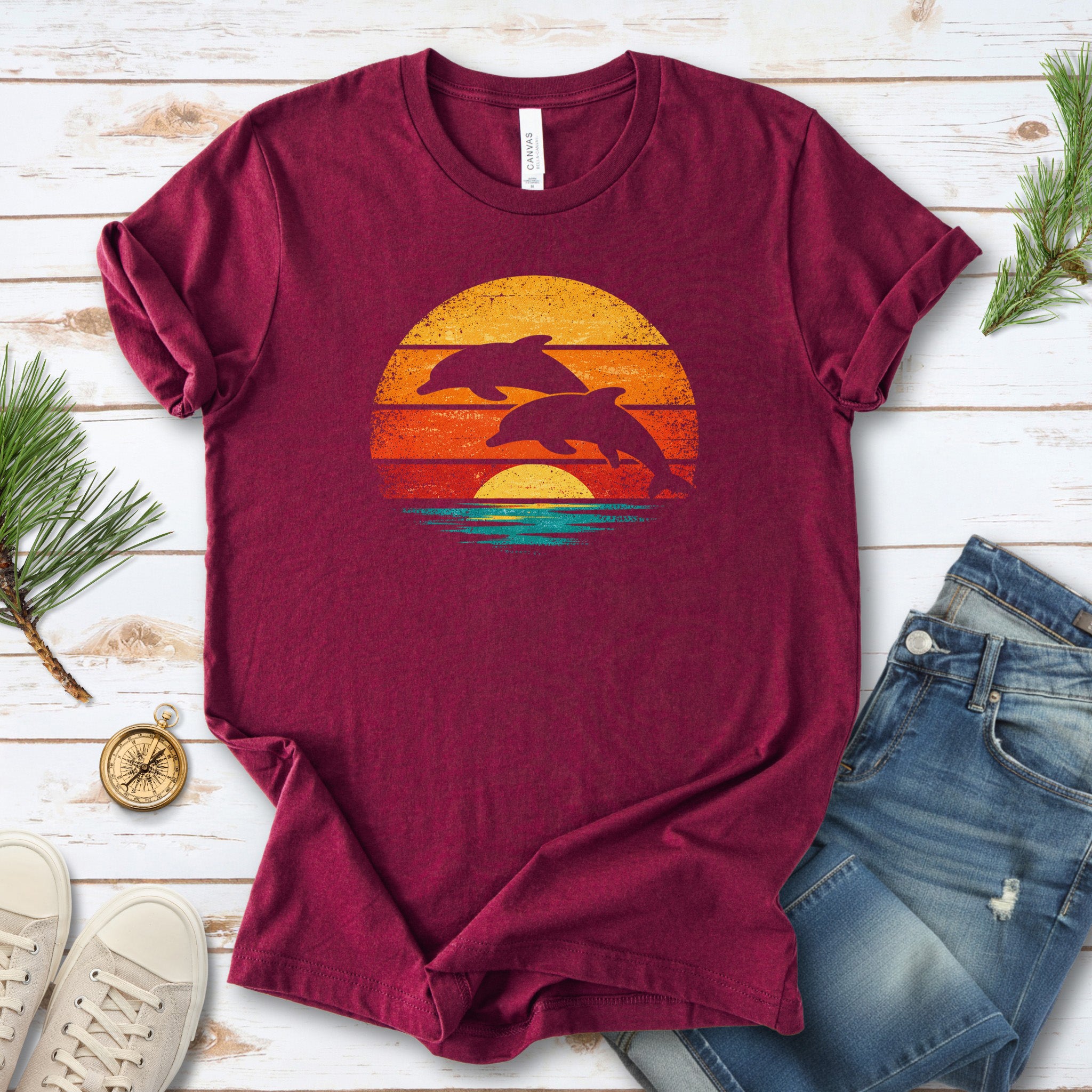 Dolphins at Vintage Sunset Retro Ocean T-Shirt