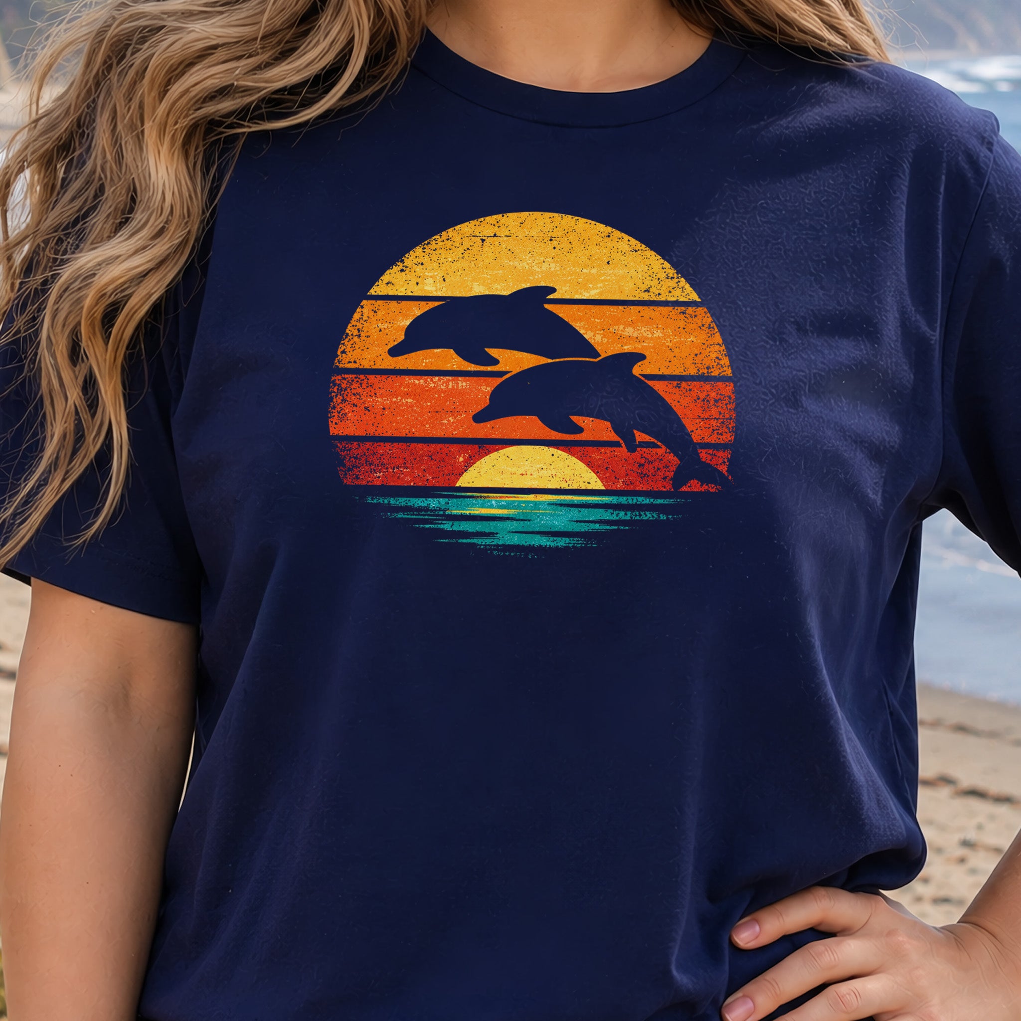Dolphins at Vintage Sunset Retro Ocean T-Shirt