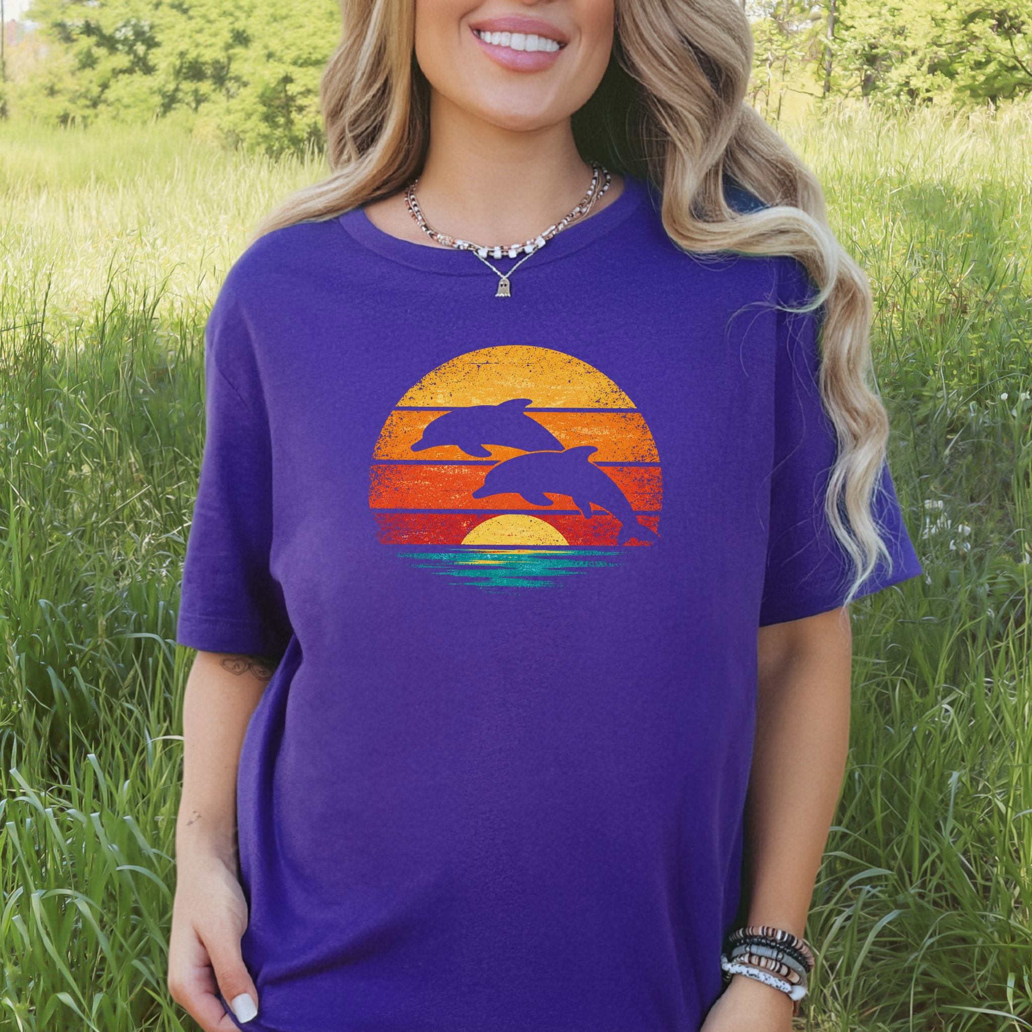Dolphins at Vintage Sunset Retro Ocean T-Shirt