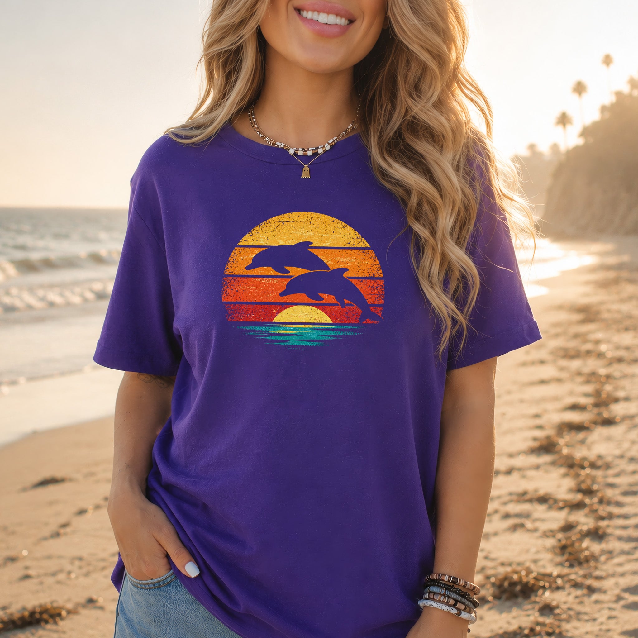 Dolphins at Vintage Sunset Retro Ocean T-Shirt