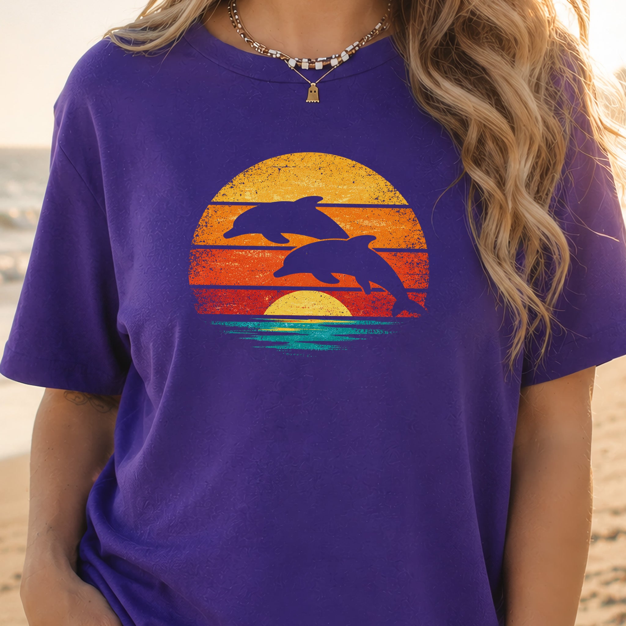 Dolphins at Vintage Sunset Retro Ocean T-Shirt