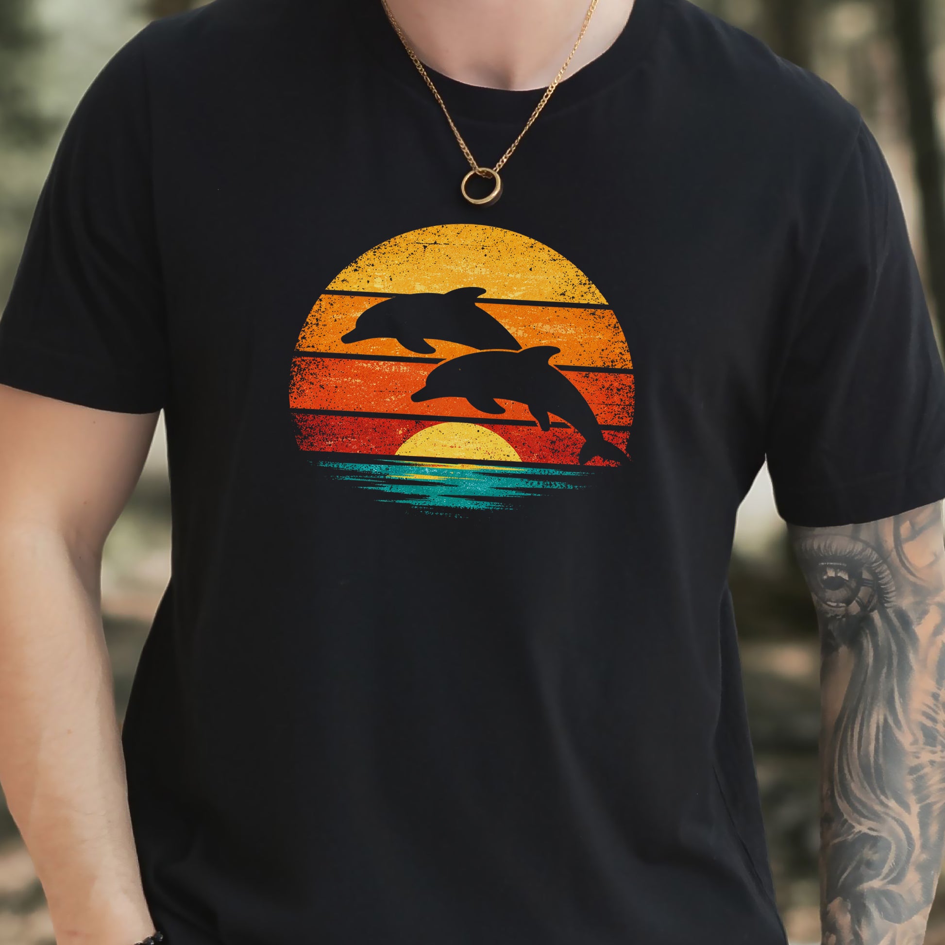 Dolphins at Vintage Sunset Retro Ocean T-Shirt