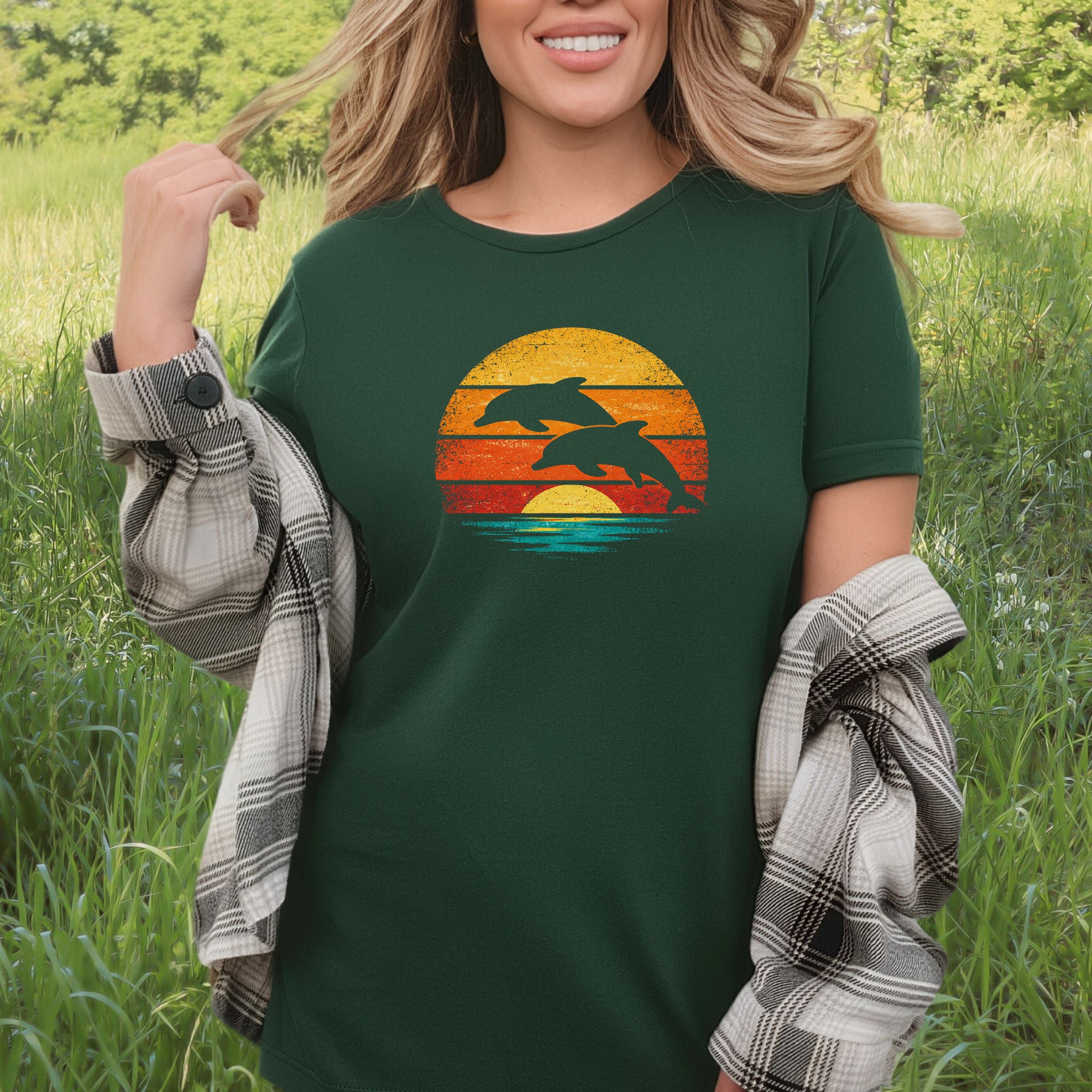 Dolphins at Vintage Sunset Retro Ocean T-Shirt