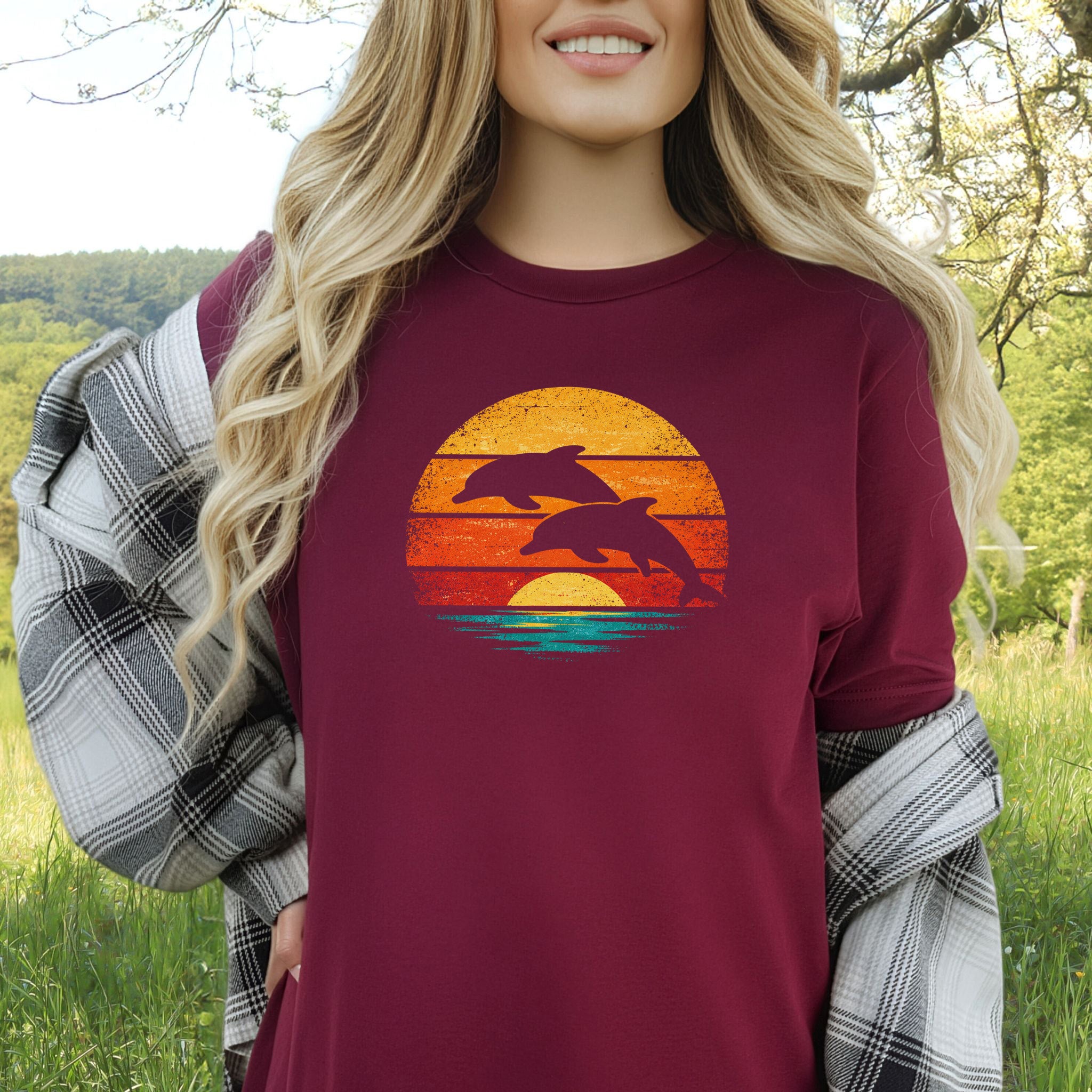 Dolphins at Vintage Sunset Retro Ocean T-Shirt