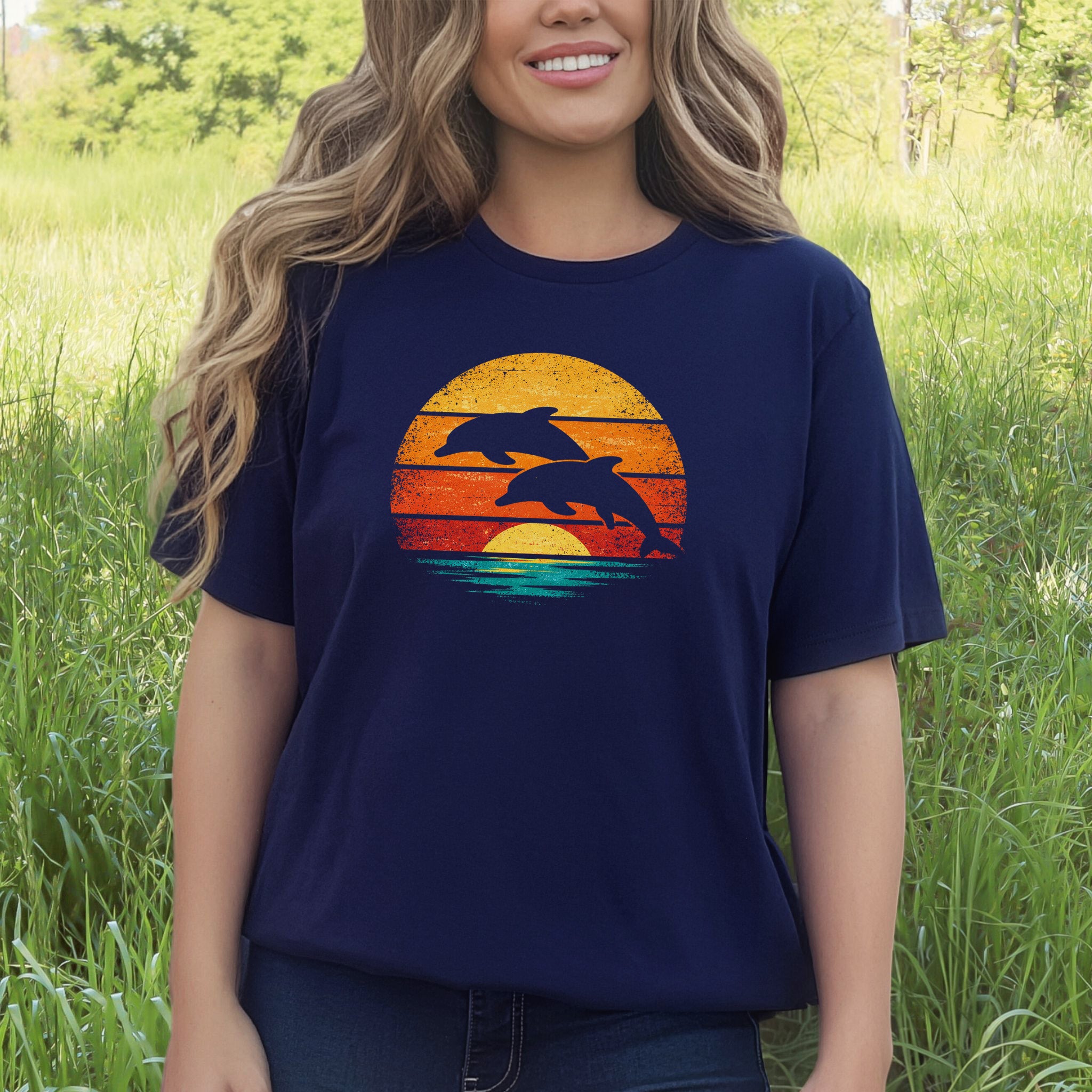 Dolphins at Vintage Sunset Retro Ocean T-Shirt