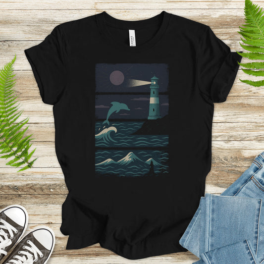 Dolphin & Lighthouse Night Scene T-Shirt – Vintage Ocean Lover Tee