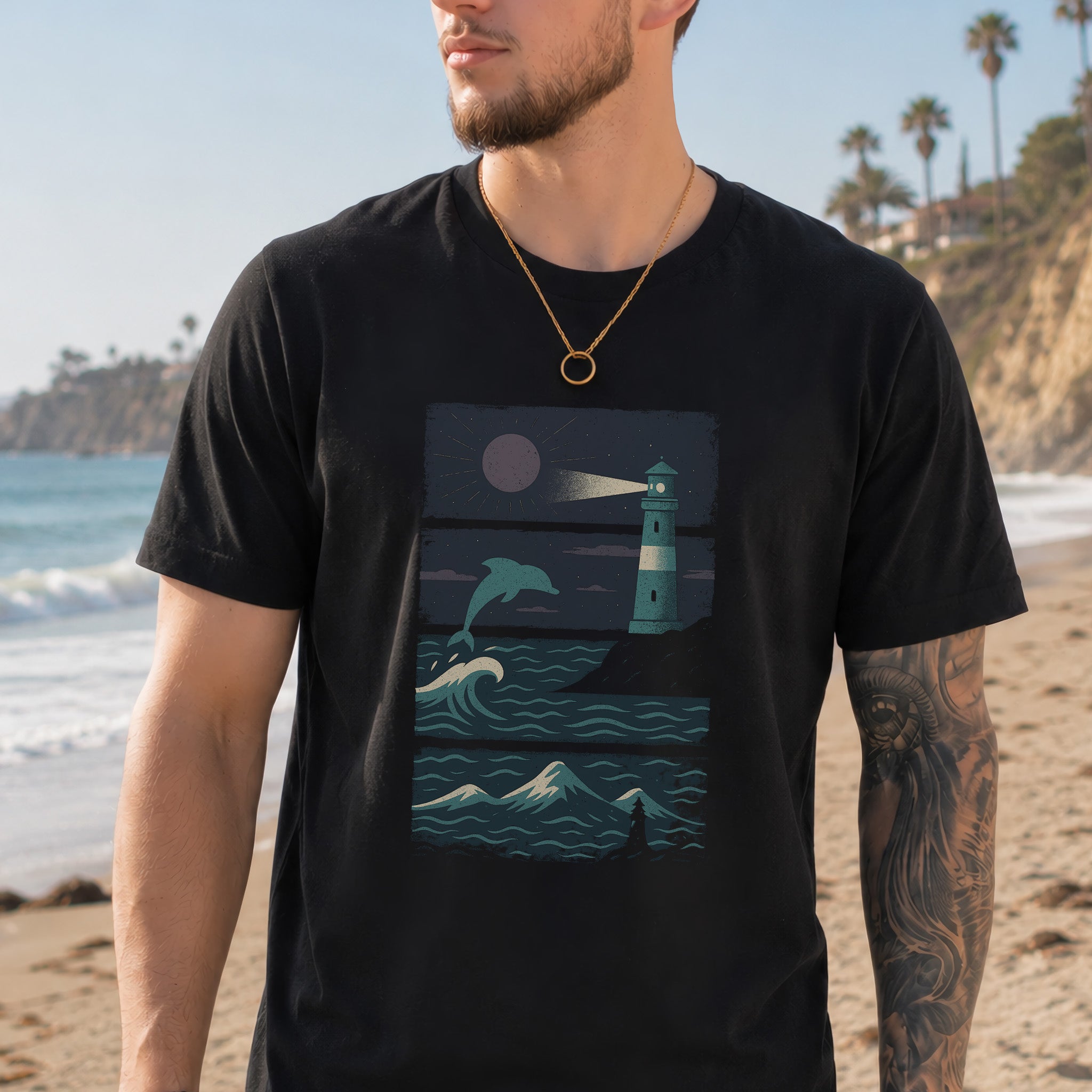 Dolphin & Lighthouse Night Scene T-Shirt – Vintage Ocean Lover Tee
