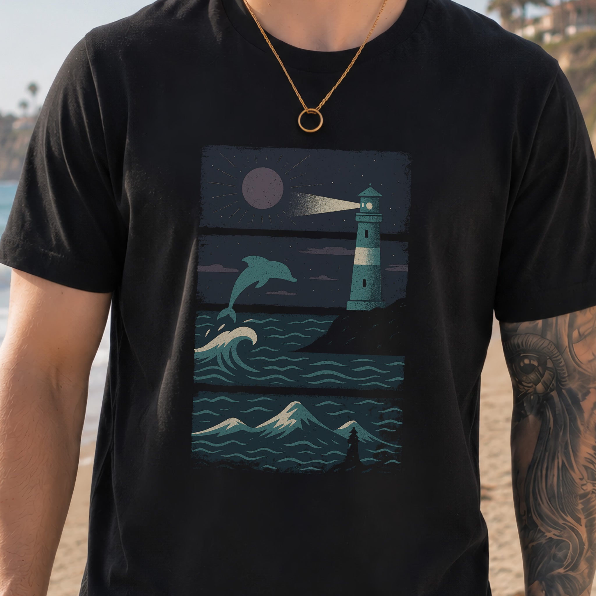 Dolphin & Lighthouse Night Scene T-Shirt – Vintage Ocean Lover Tee