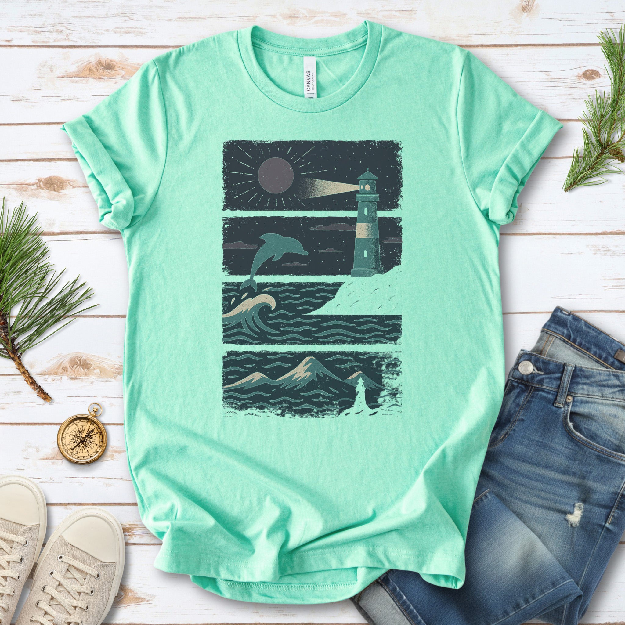 Dolphin & Lighthouse Night Scene T-Shirt – Vintage Ocean Lover Tee