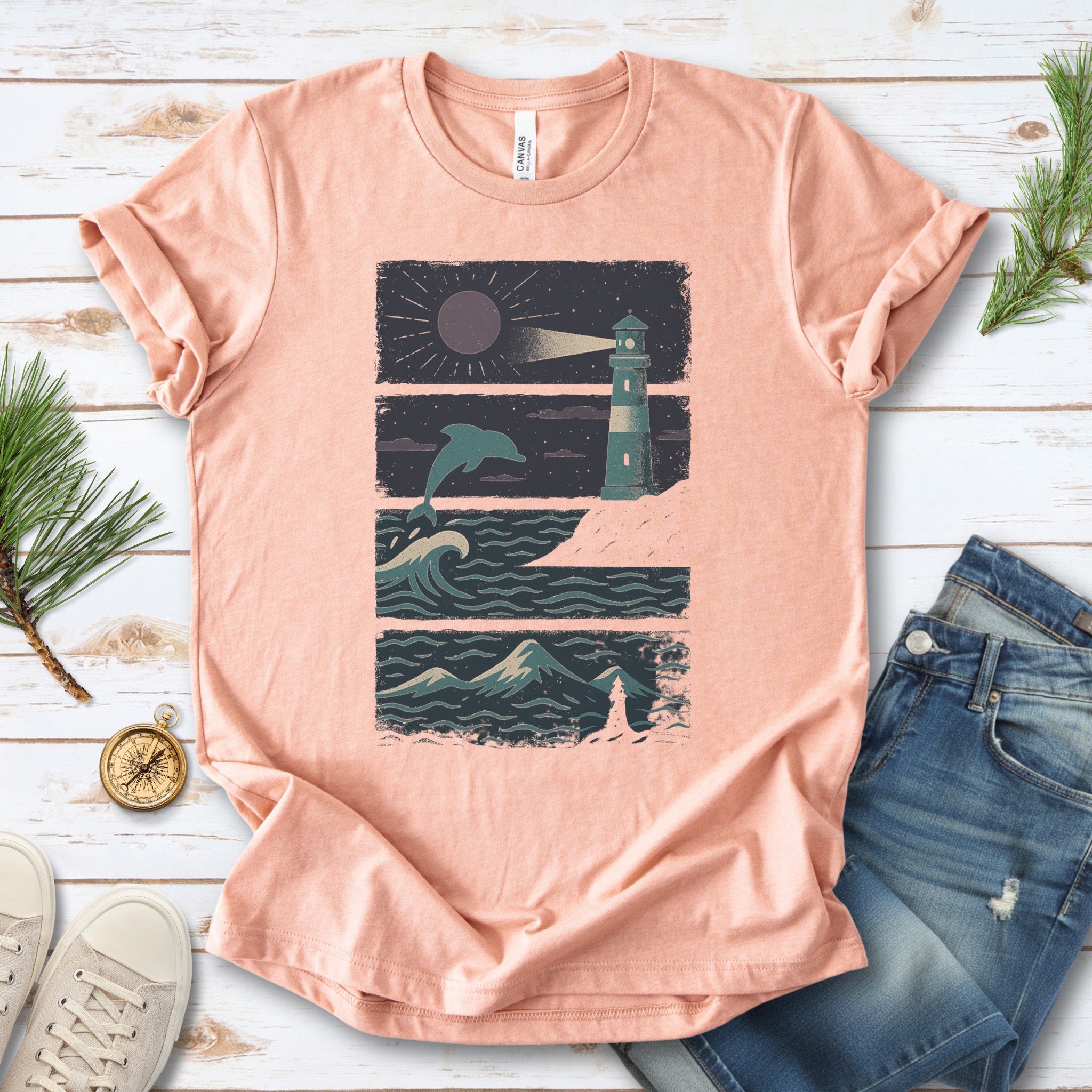 Dolphin & Lighthouse Night Scene T-Shirt – Vintage Ocean Lover Tee