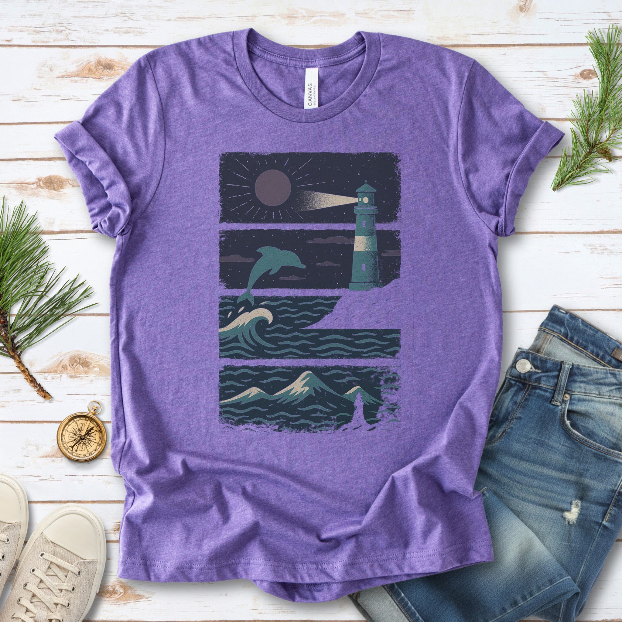 Dolphin & Lighthouse Night Scene T-Shirt – Vintage Ocean Lover Tee