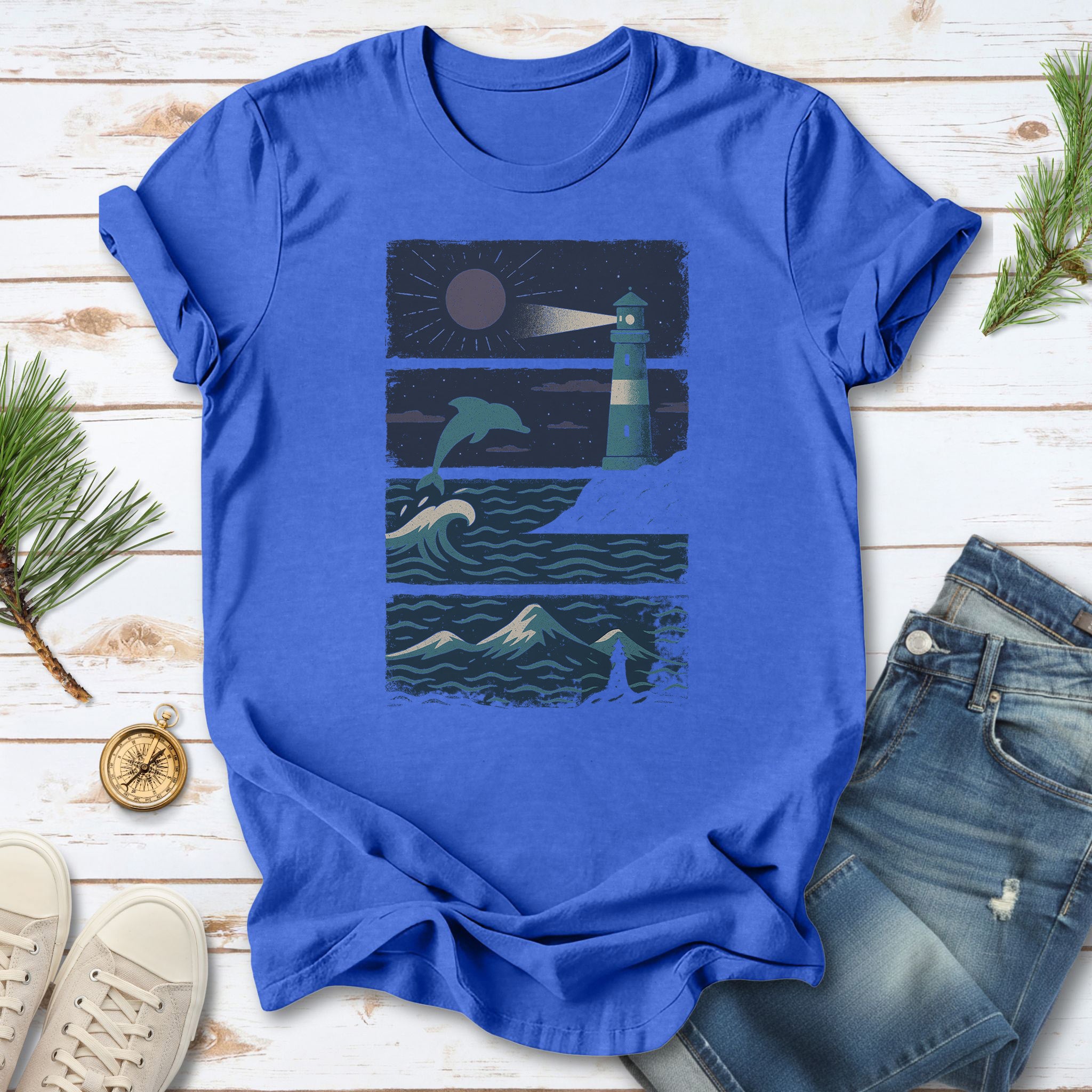 Dolphin & Lighthouse Night Scene T-Shirt – Vintage Ocean Lover Tee