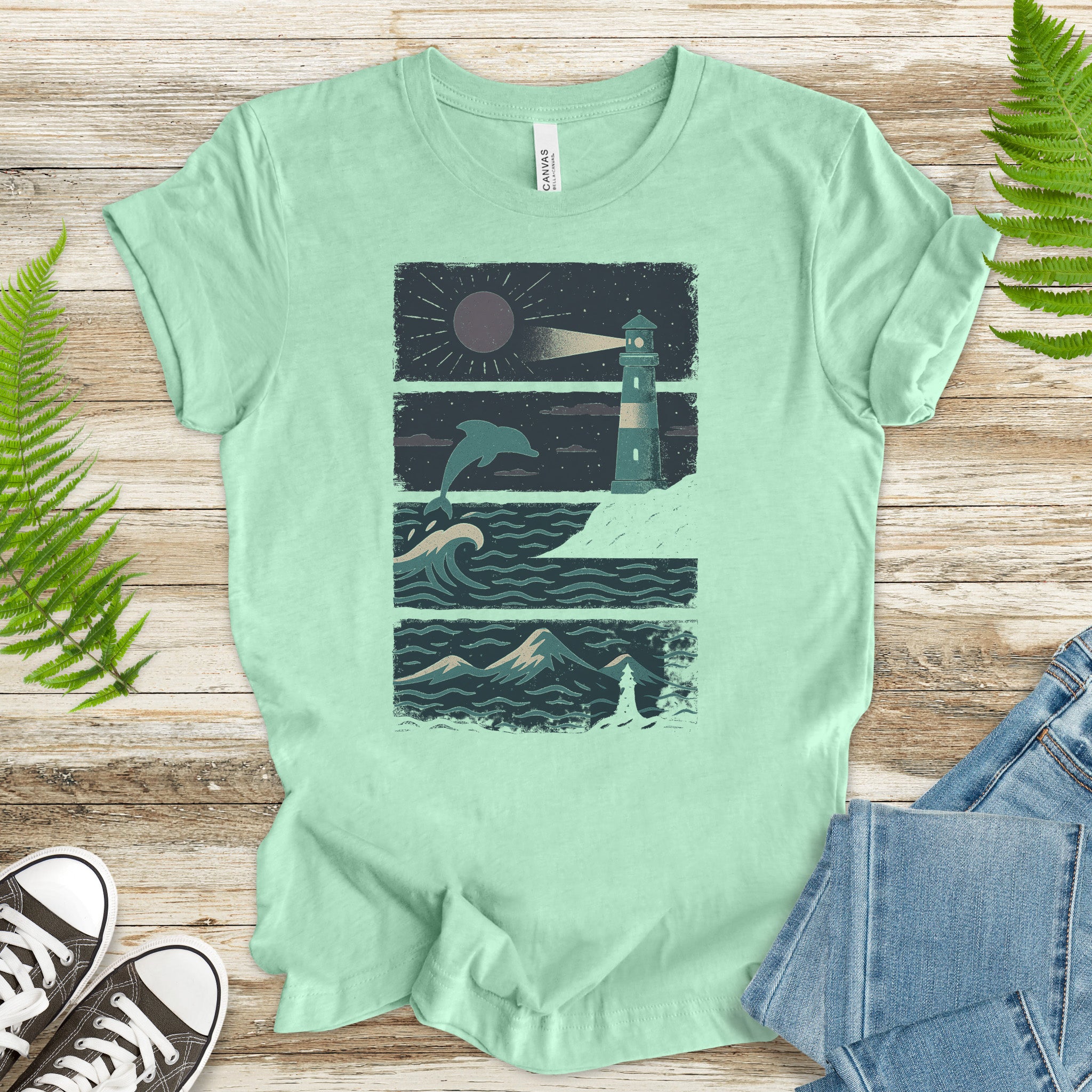 Dolphin & Lighthouse Night Scene T-Shirt – Vintage Ocean Lover Tee