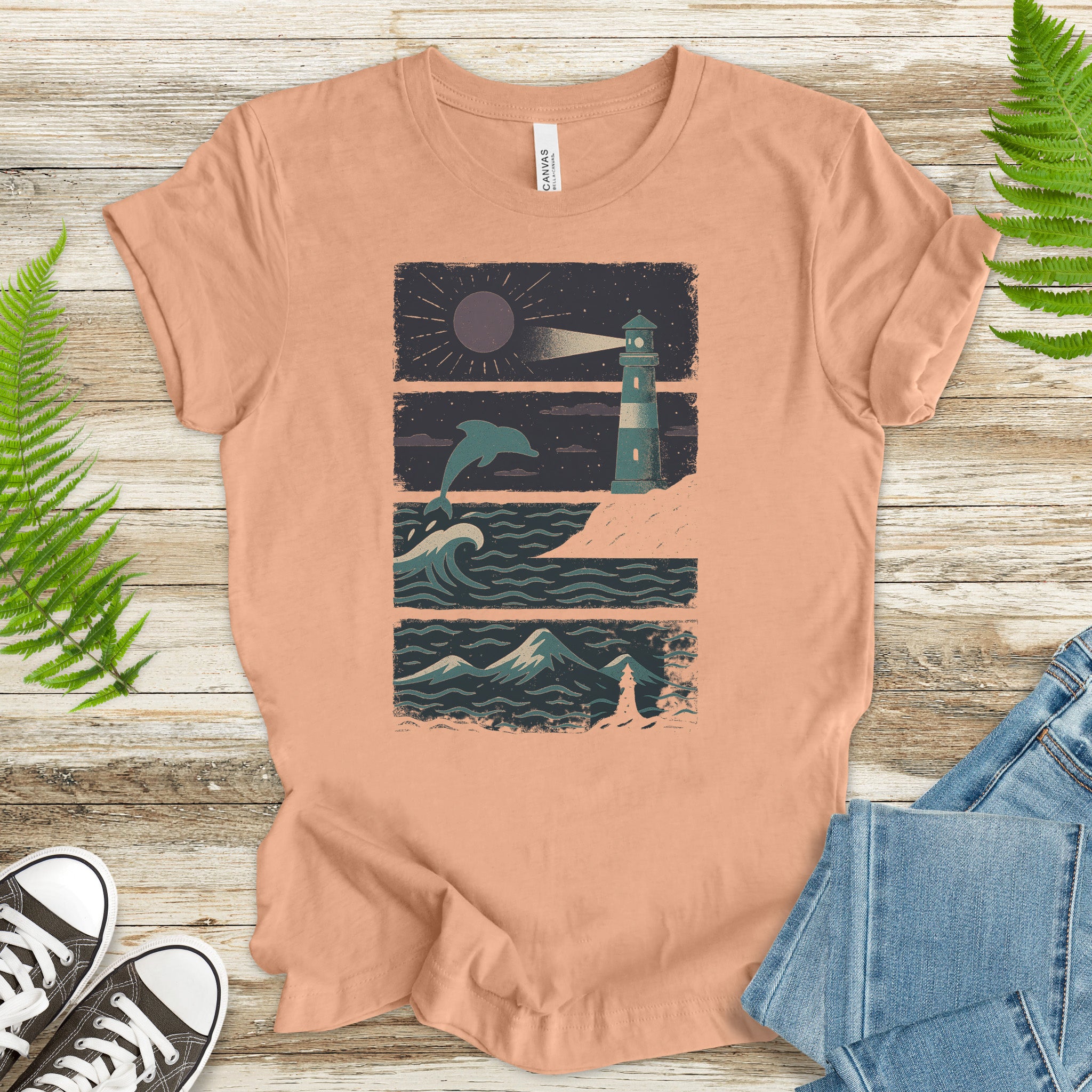 Dolphin & Lighthouse Night Scene T-Shirt – Vintage Ocean Lover Tee