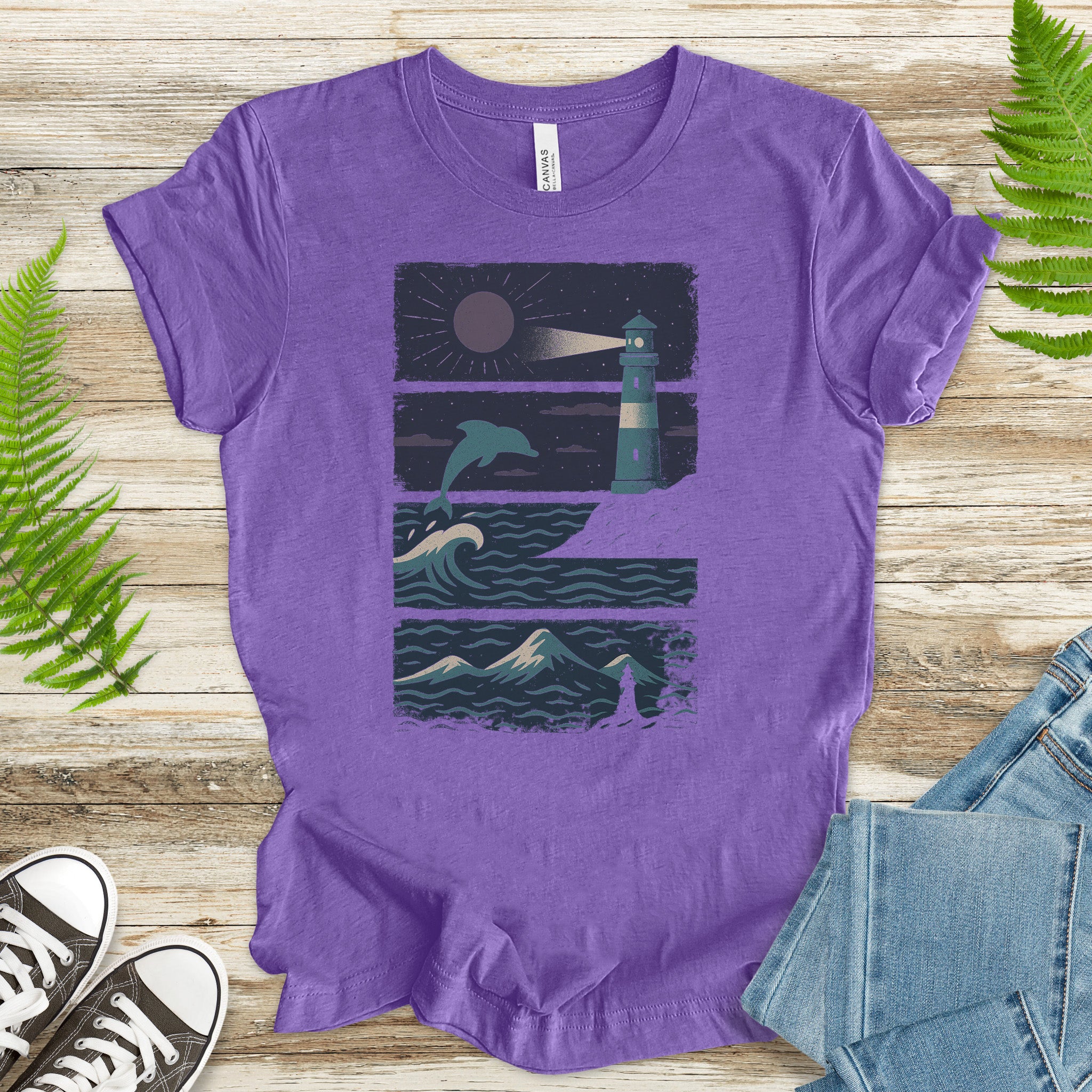 Dolphin & Lighthouse Night Scene T-Shirt – Vintage Ocean Lover Tee
