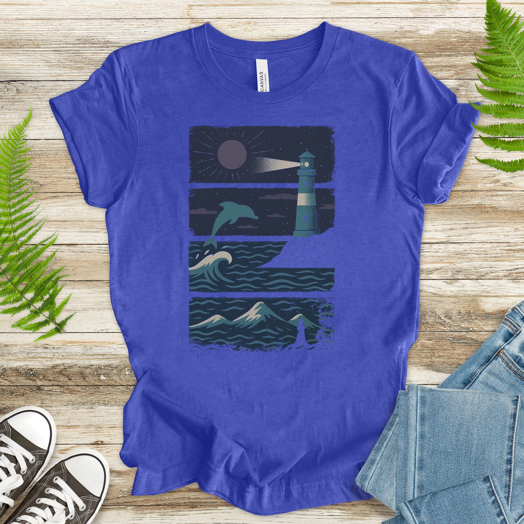 Dolphin & Lighthouse Night Scene T-Shirt – Vintage Ocean Lover Tee