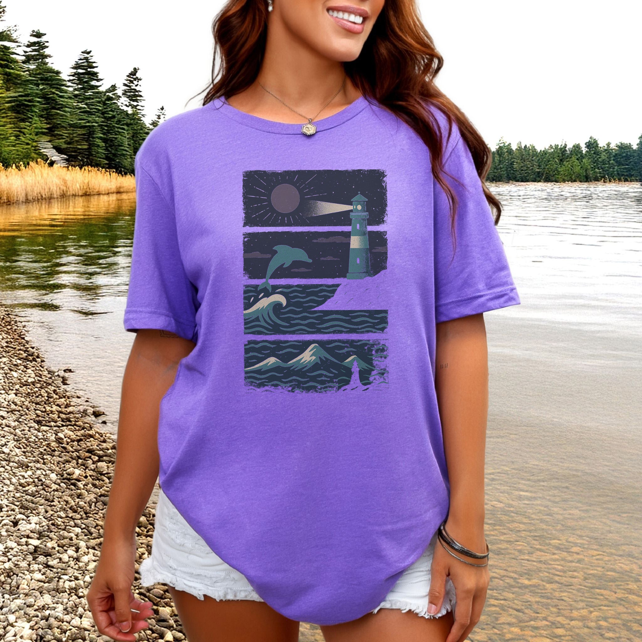 Dolphin & Lighthouse Night Scene T-Shirt – Vintage Ocean Lover Tee