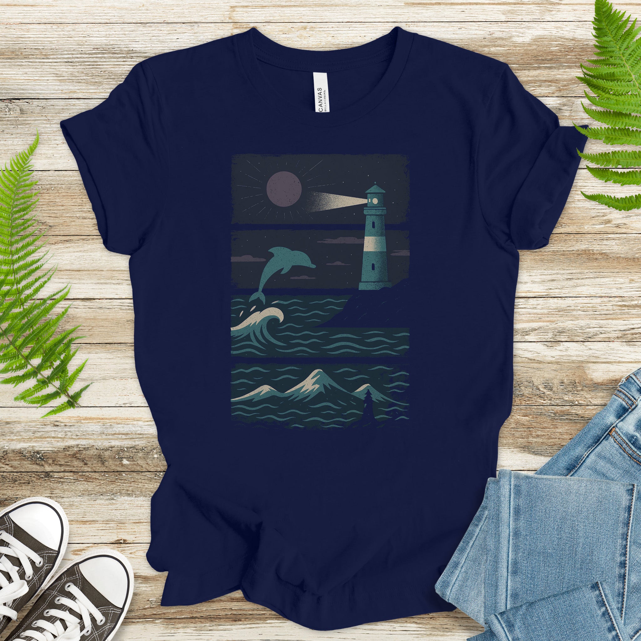 Dolphin & Lighthouse Night Scene T-Shirt – Vintage Ocean Lover Tee