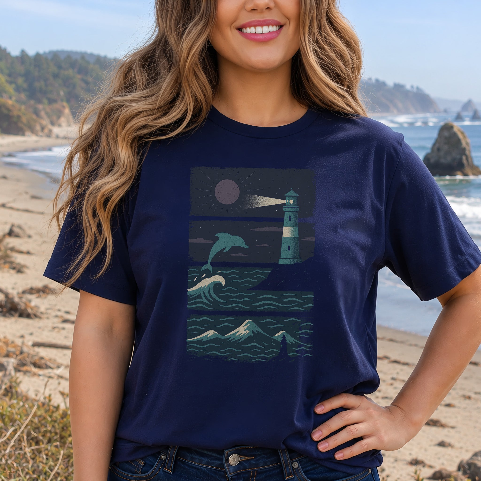 Dolphin & Lighthouse Night Scene T-Shirt – Vintage Ocean Lover Tee