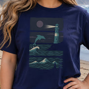 Dolphin & Lighthouse Night Scene T-Shirt – Vintage Ocean Lover Tee