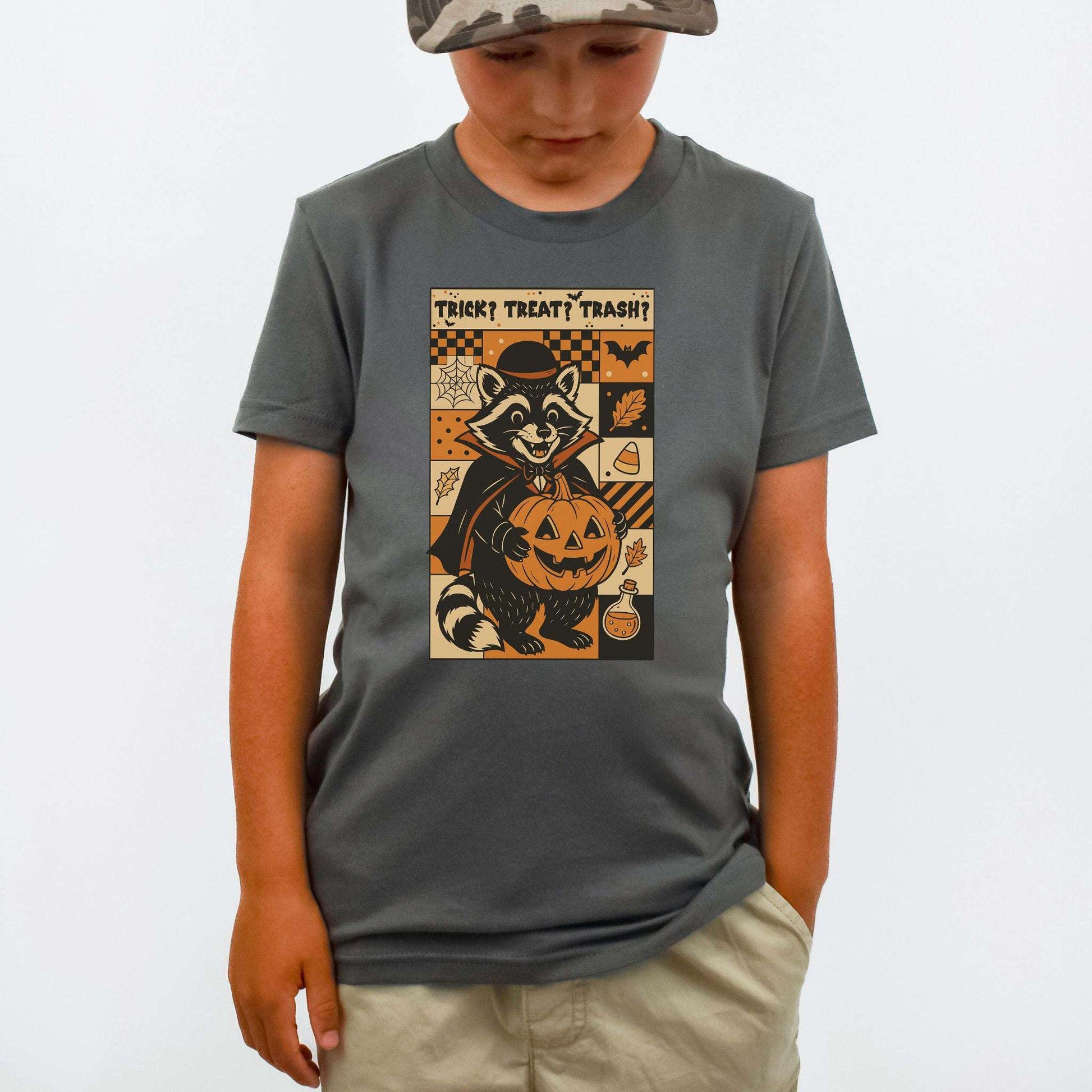 Dracula Raccoon Halloween Youth Tee – Trick? Treat? Trash? Retro Tee