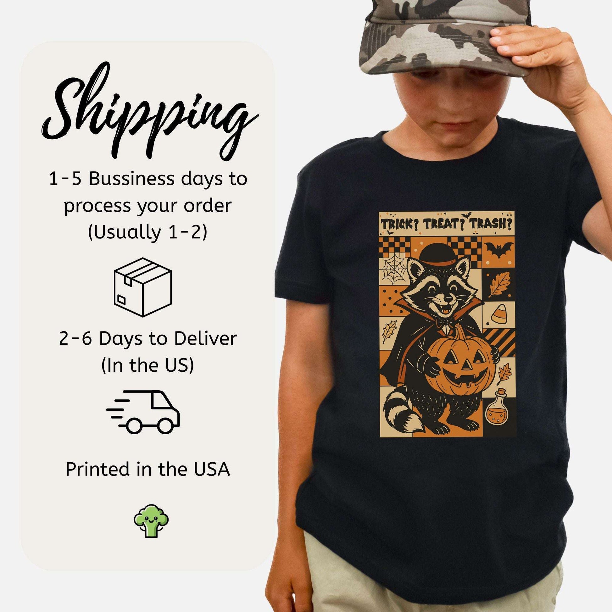 Dracula Raccoon Halloween Youth Tee – Trick? Treat? Trash? Retro Tee