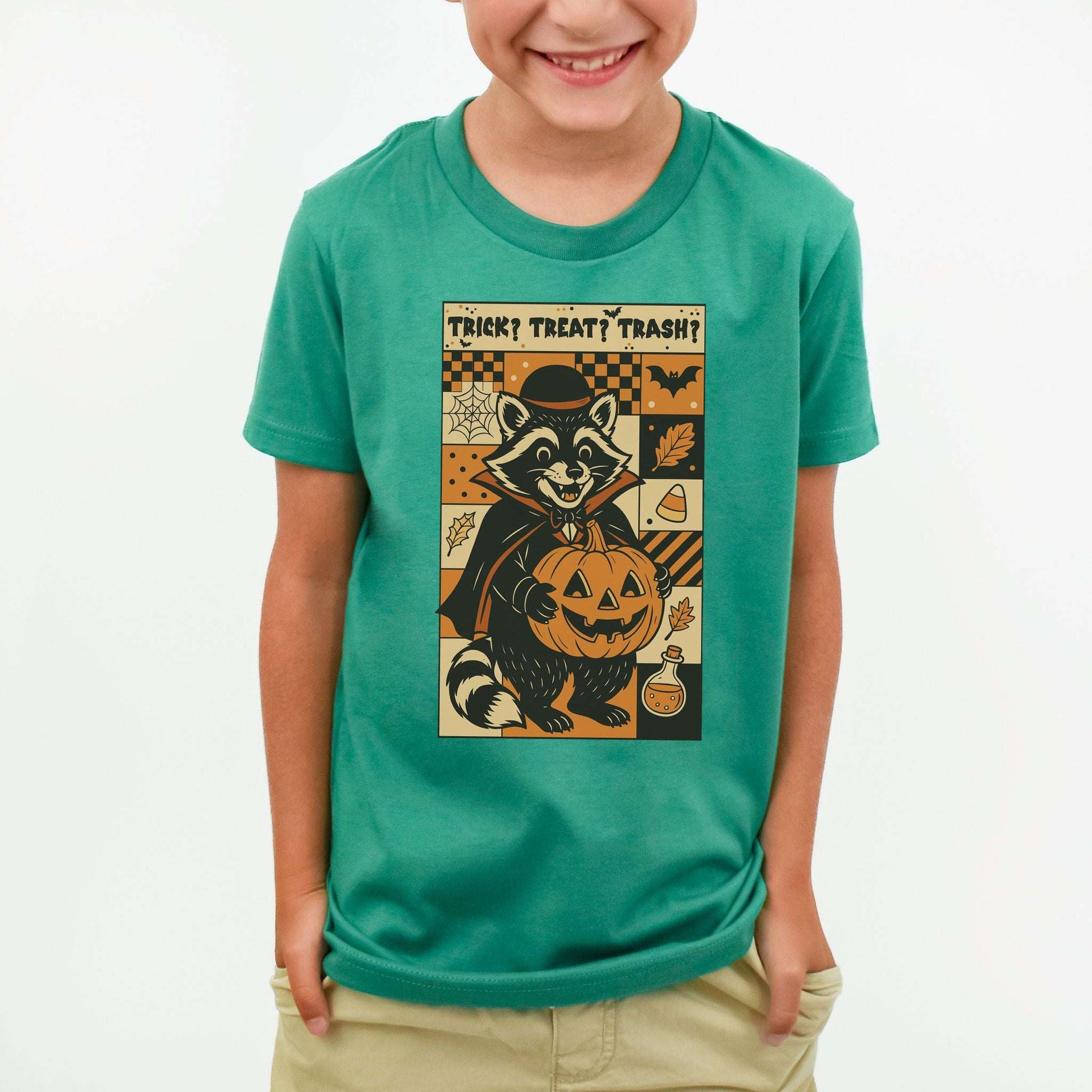 Dracula Raccoon Halloween Youth Tee – Trick? Treat? Trash? Retro Tee