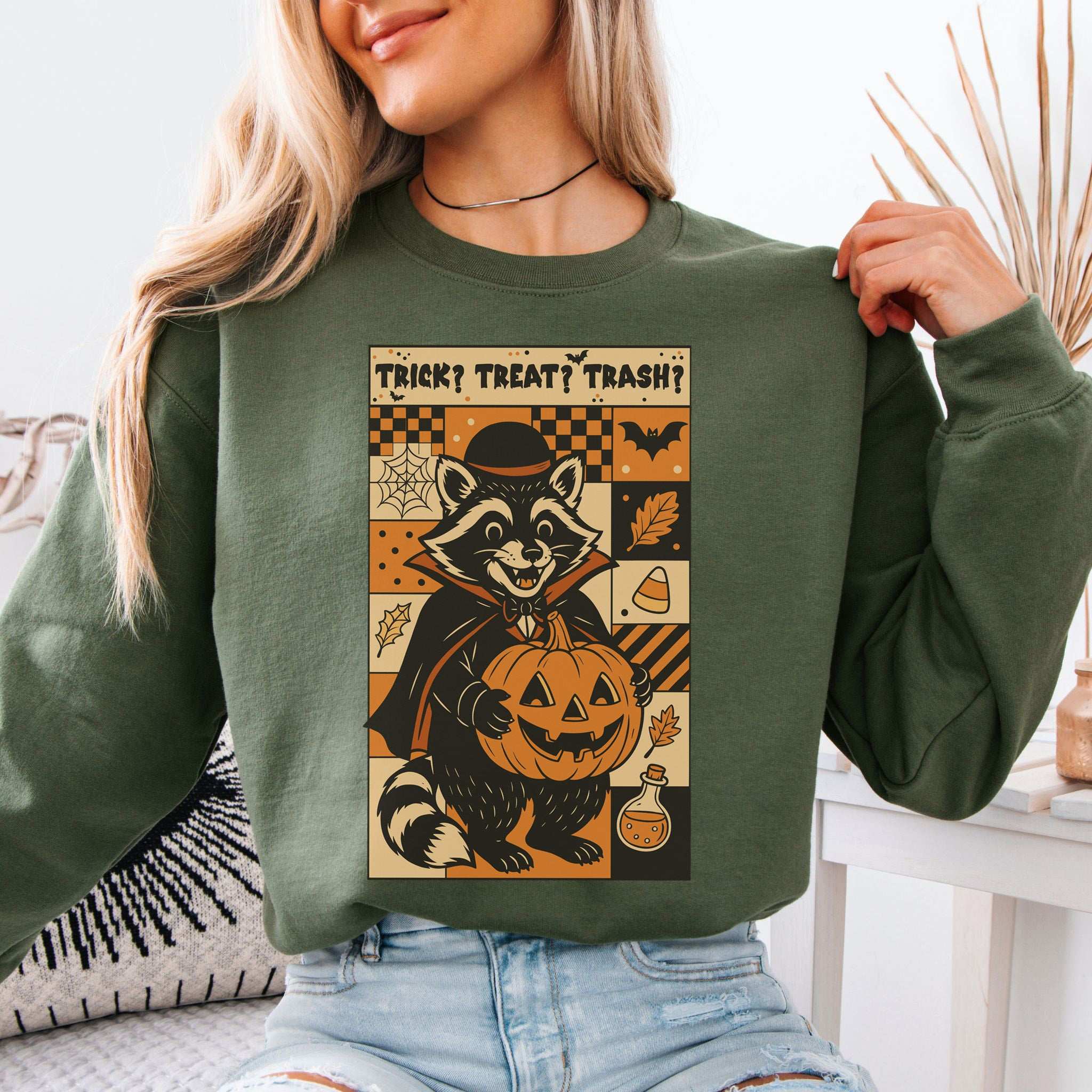 Dracula Raccoon Halloween Sweatshirt – Trick? Treat? Trash? Retro Vibes